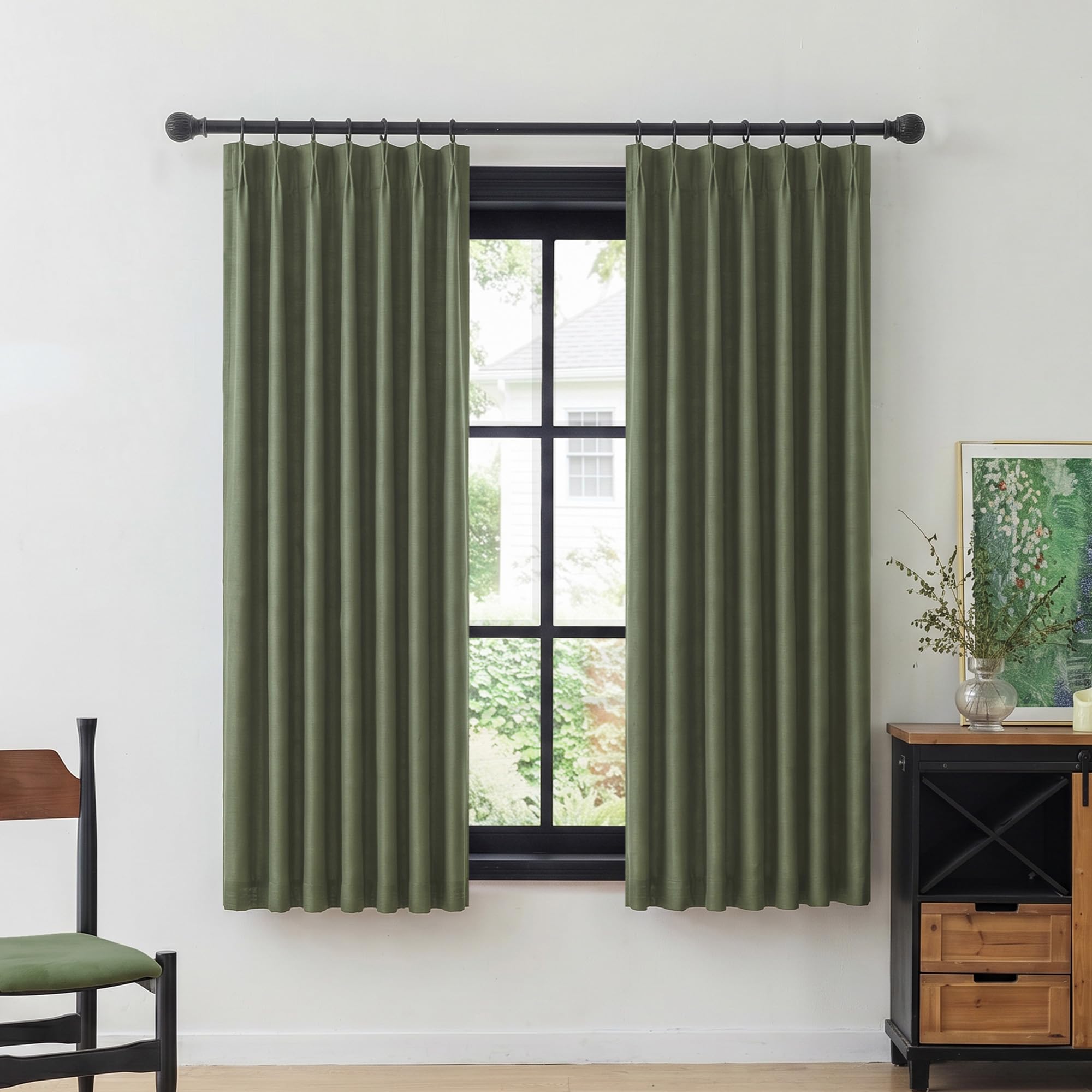 MYSKY HOME Olive Green Linen Pinch Pleated 100% Blackout Curtains 40Wx63L