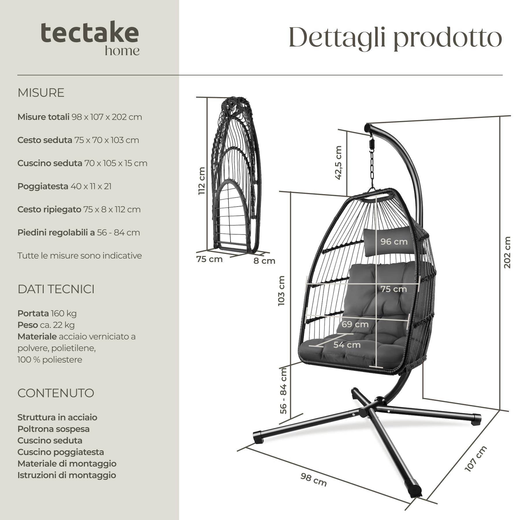 Tectake Poltrona Sospesa Ariane Girevole Pieghevole Acciaio Grigio Scuro con Cuscino Seduta Poggiatesta e Telo Protettivo