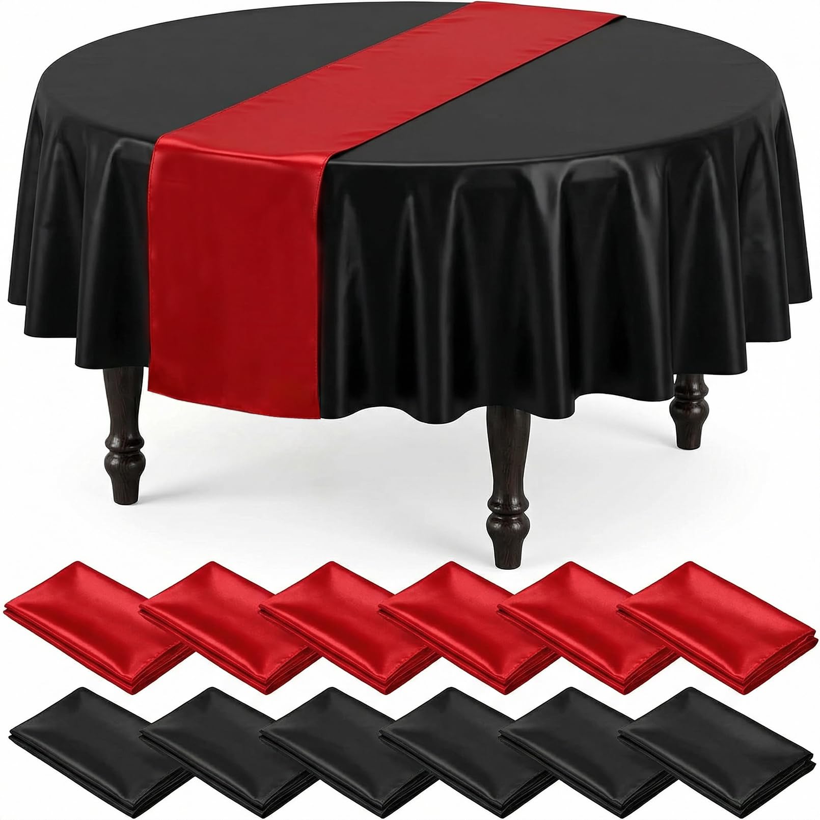 Incisite 12Pack 12x108 Inch Satin Table Runner and 84 Inch Round Plastic Tablecloths, Black Disposable Round Tablecloth,Red Satin Table Runner for Wedding Birthday Bridal Shower Party Decorations