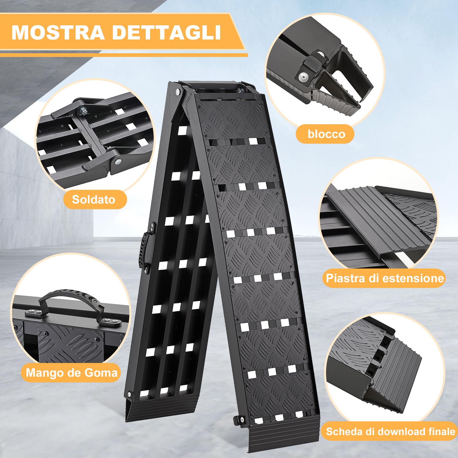 gardhom Rampa Moto Robusta Pieghevole 340Kg Alluminio Rampe per Auto Portatile 228X28X4.5cm Rampe Di Carico per Adatta A Tosaerba, Biciclette e Quad