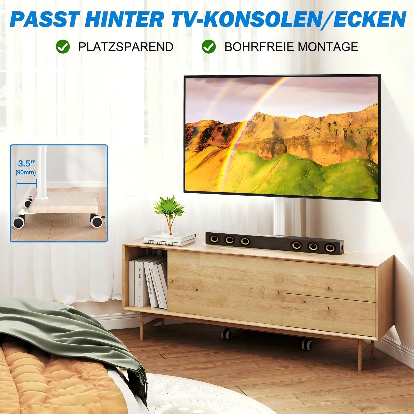 5Rcom Universal TV Ständer Rollbar mit Holzbasis für 27-60 Zoll Fernseher, Fernsehständer mit Rollen, Höhenverstellbarer und Schwenkbar, Mobiler TV Standfuß bis 40kg, Max. VESA 400x400mm (Beige)