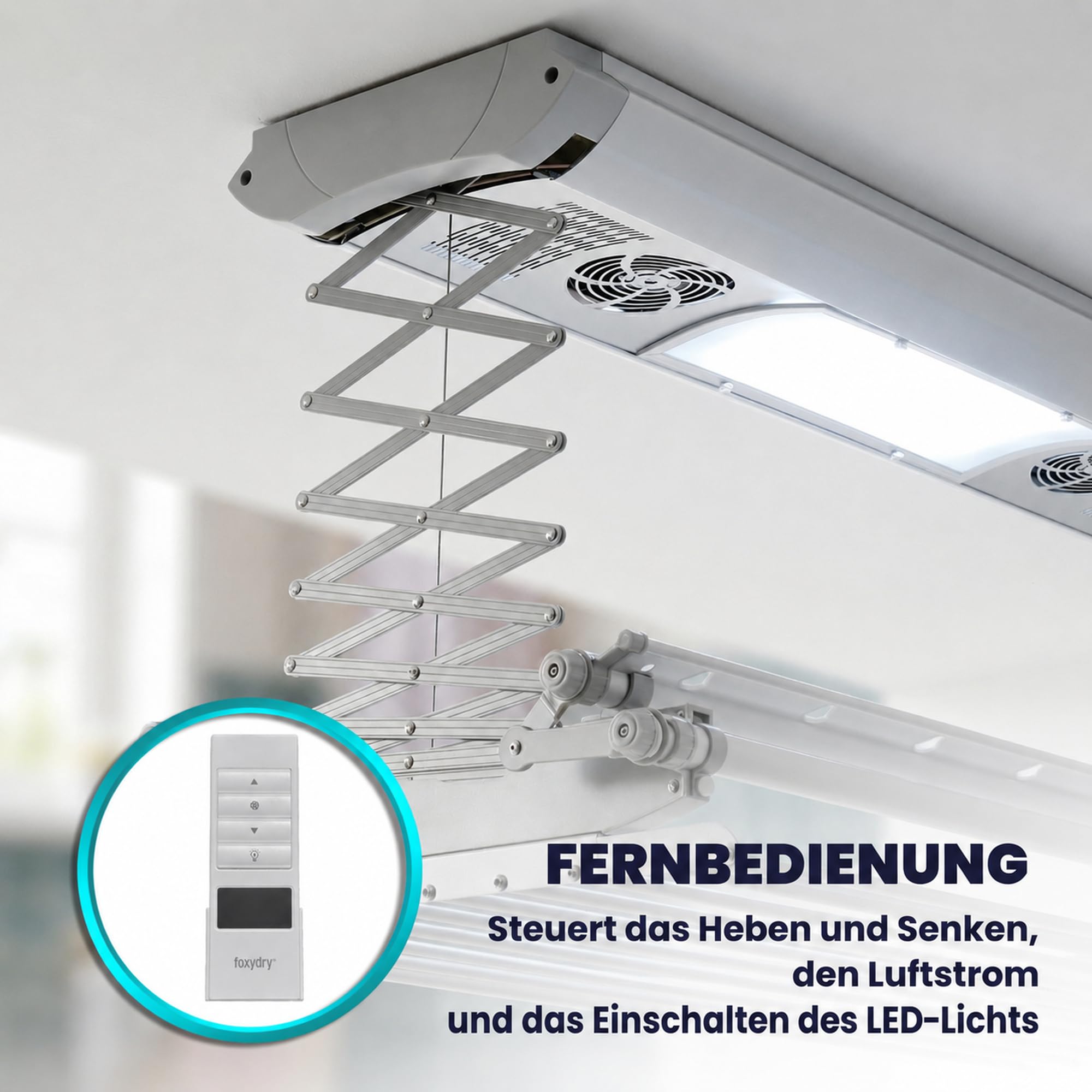 Foxydry Air, elektrischer, Ferngesteuerter, deckenwäschetrockner, 160 cm | platzsparend, aus aluminium, motorisiert, ausziehbar, geeignet für bettwäsche, trägt 35 kg, grau