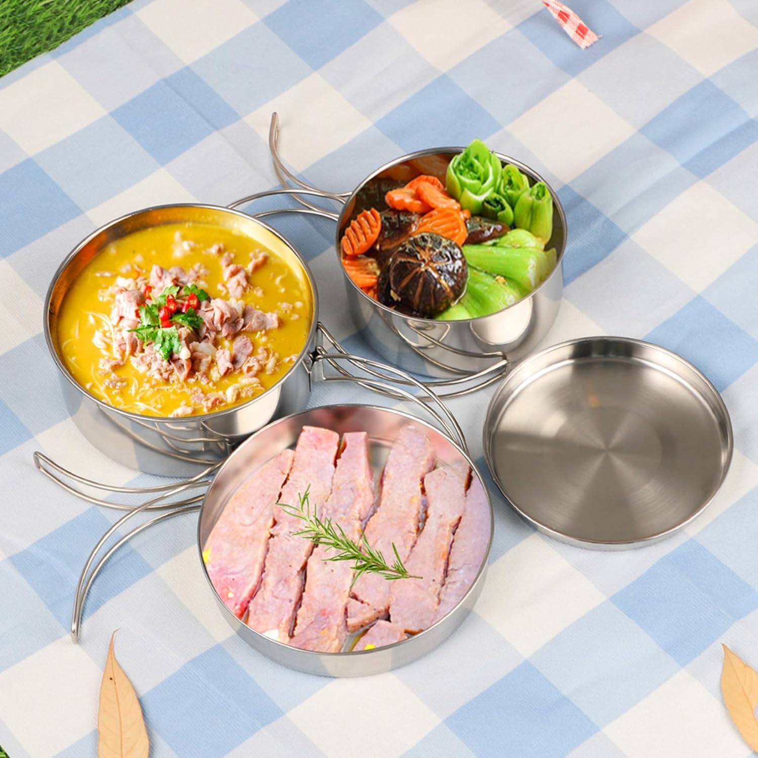 Camping Cooking Set 8PCS Stainless Steel Camping Cookware Portable Cooking Pot and Pan Set with Plates Cups for 5-6 Adults Outdoor Hiking Picnic Camping BBQ