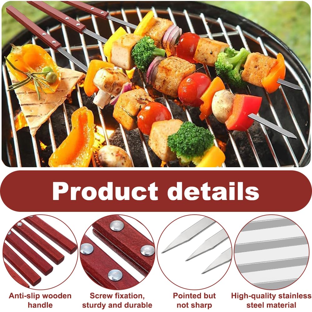 Brochette Inox 35cm Pic à Brochette avec Manche en Bois Réutilisable Résistante à la Chaleur Barbecue 10 Pièces