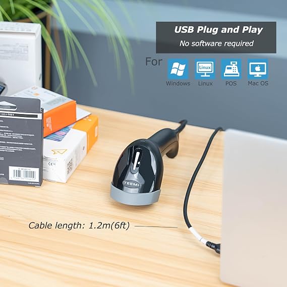 Teemi 2 D ماسح الباركود Usb السلكية المحمولة الجرد الماسح الضوئي Qr رمز الماسح الضوئي Pdf417 مصفوفة البيانات الرقمية شريط رمز القارئ مع ميزة كوم الظاهري لتجار التجزئة، مكتب، مستودع، مكتبة