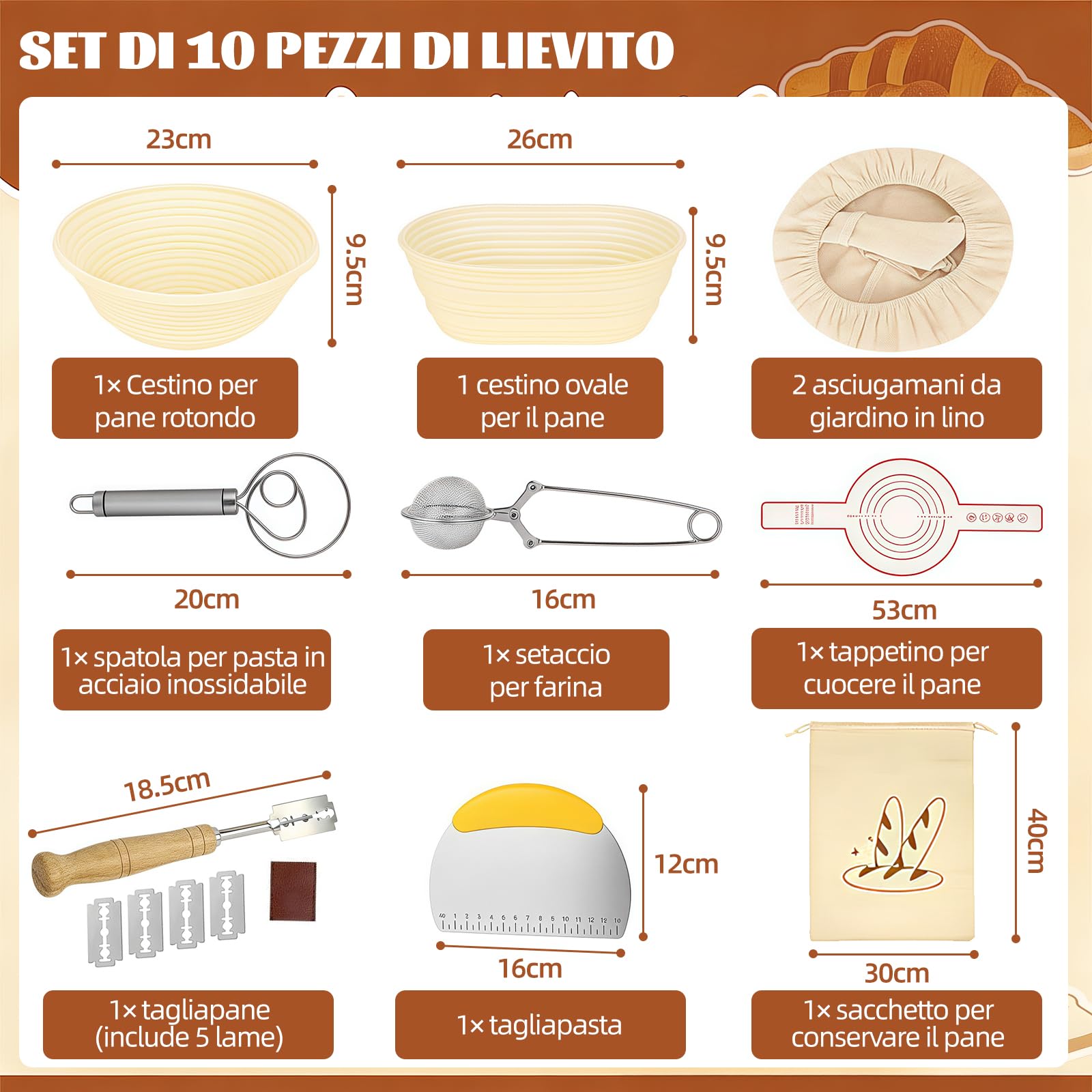 Set di 10 cestini per lievitazione naturale, 23 cm, rotondi e 25 cm, ovali, cestino per la lievitazione, per il pane, pieghevole, con raschietto per impasto, per il pane, per la fermentazione e altro