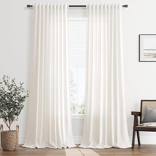 SMABU Linen Curtains 100 Inch Long for Living Room Hook Belt 2 Panels Cream