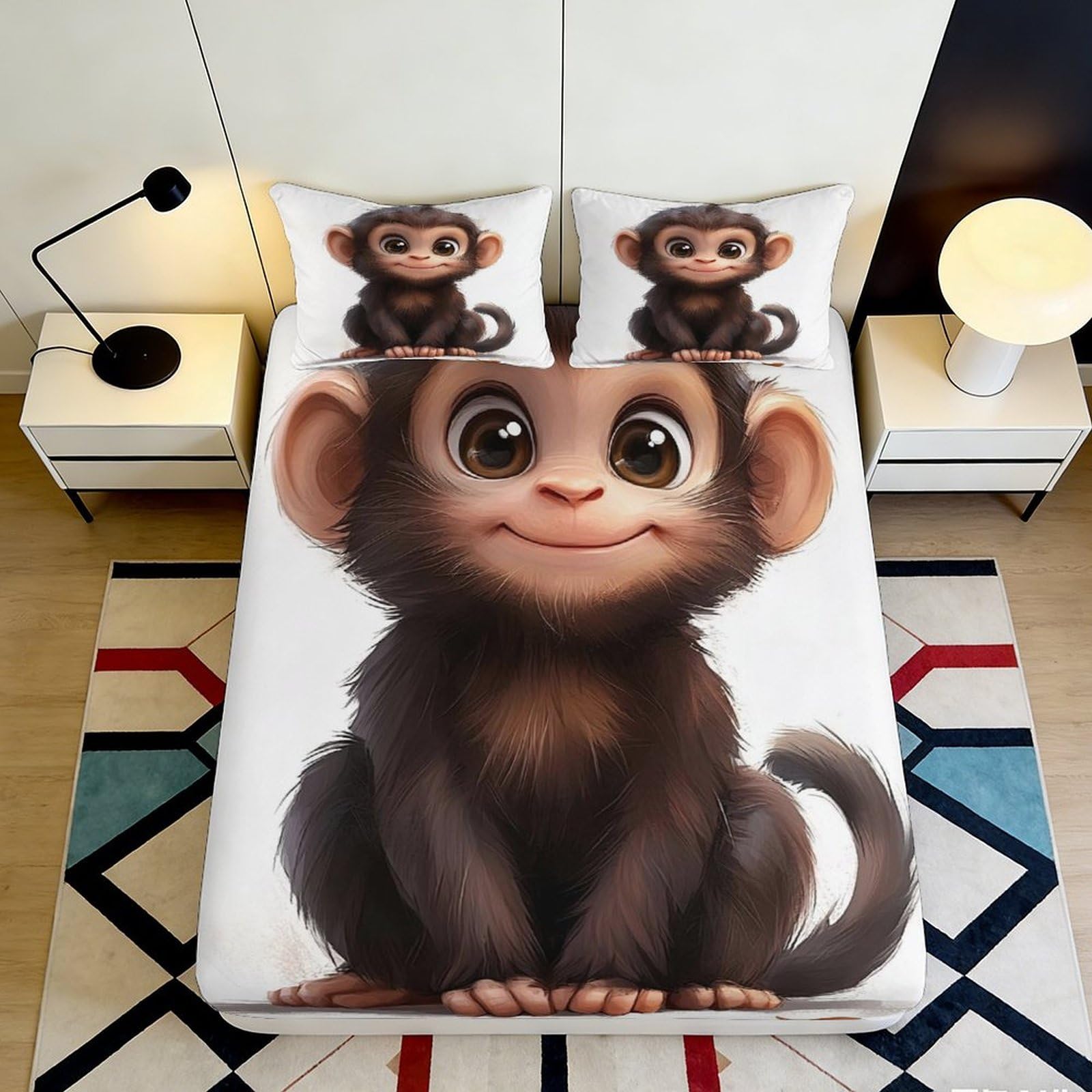 3D Printed Cute Monkey Fitted Sheet Microfiber Soft Breathable Cartoon Animal Bed Cover for Bedroom Dormitory Guest Room Mattress Protection 180x200x25cm