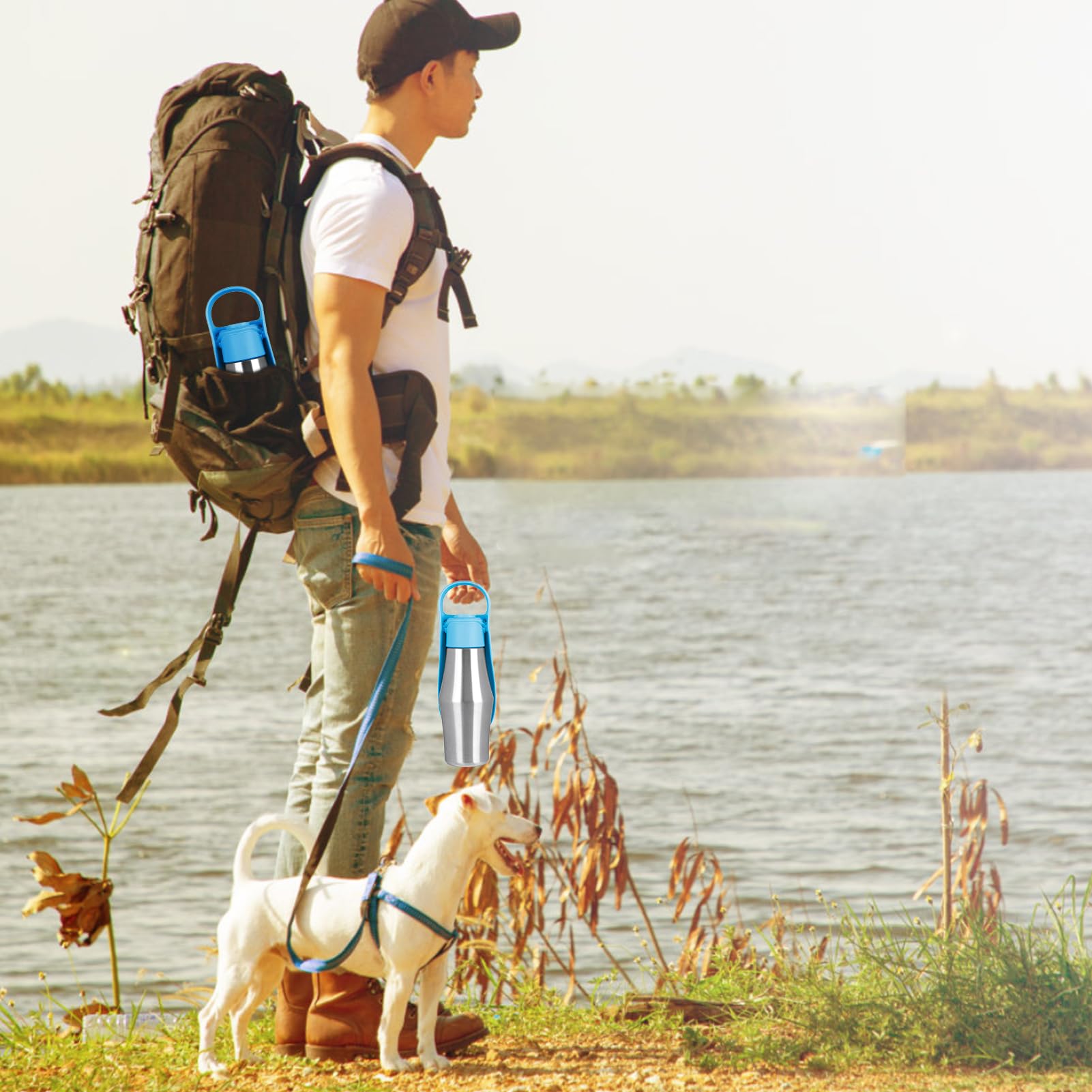 Borraccia portatile per cani, dispenser d'acqua per cani, in acciaio inox, tazza da viaggio per animali domestici, bottiglia d'acqua per esterni, ciotola pieghevole per cani (verde chiaro)