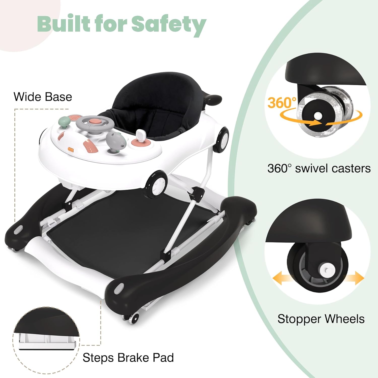 5-in-1 Convertible Baby Walker with Steering Wheel Music Activity Center – Infant Rocker, Jumper, Push Walker, Bouncer & Feeding Foldable Walker for Ages 6-18 Months Boys Girls (Black)