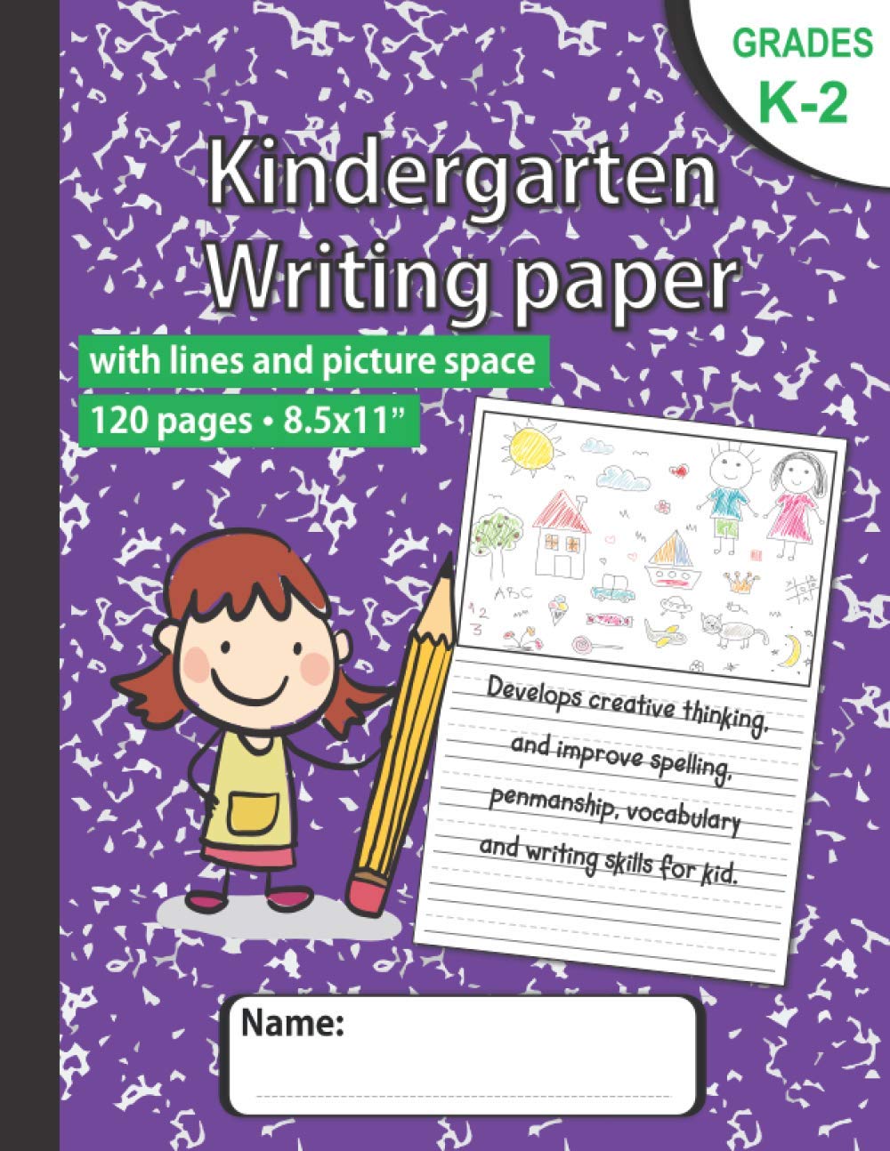 Kindergarten writing paper with lines and picture space: Hand writting practice book 8.5x11 with dotted lines and drawing area, Primary composition ... K-2 and elementary, homeschool supplies
