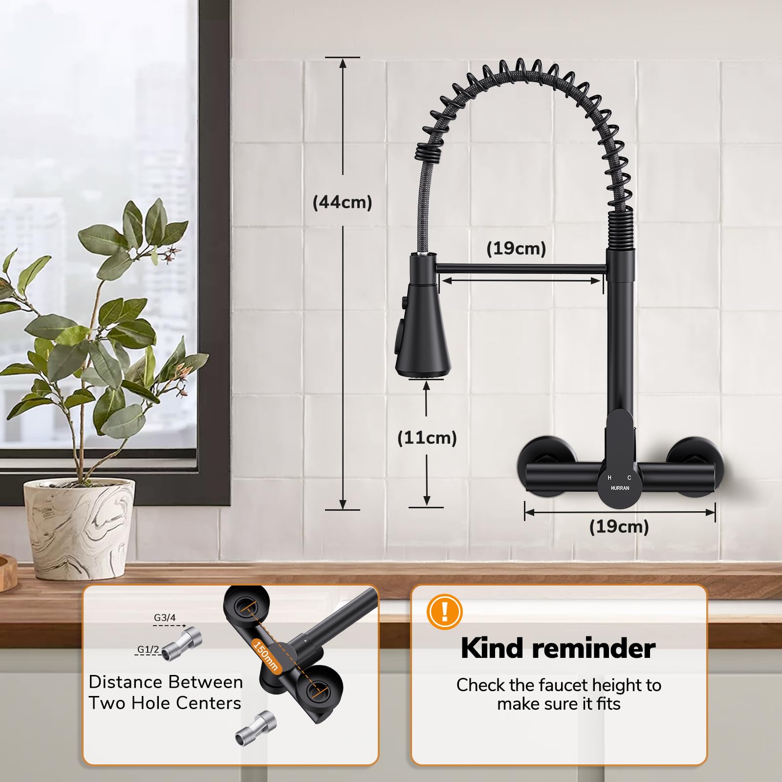 HURRAN Grifo Mural de Cocina, Grifo de Cocina con 3 Modos de Salida, Grifo Monomando Giratorio 360° de Acero Inoxidable, Negro Mate