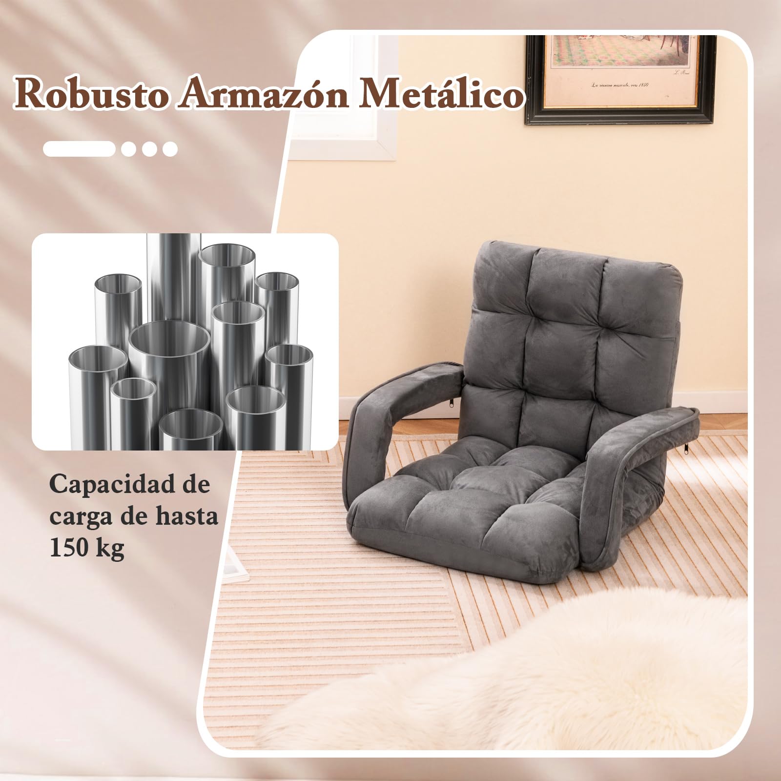 GOPLUS Silla de Suelo Plegable, Sillón con Respaldo Ajustable en 6 Posiciones y Reposabrazos, Sofá de Suelo de Meditación, Lectura para Dormitorio, Salón, Carga 150 KG, Gris