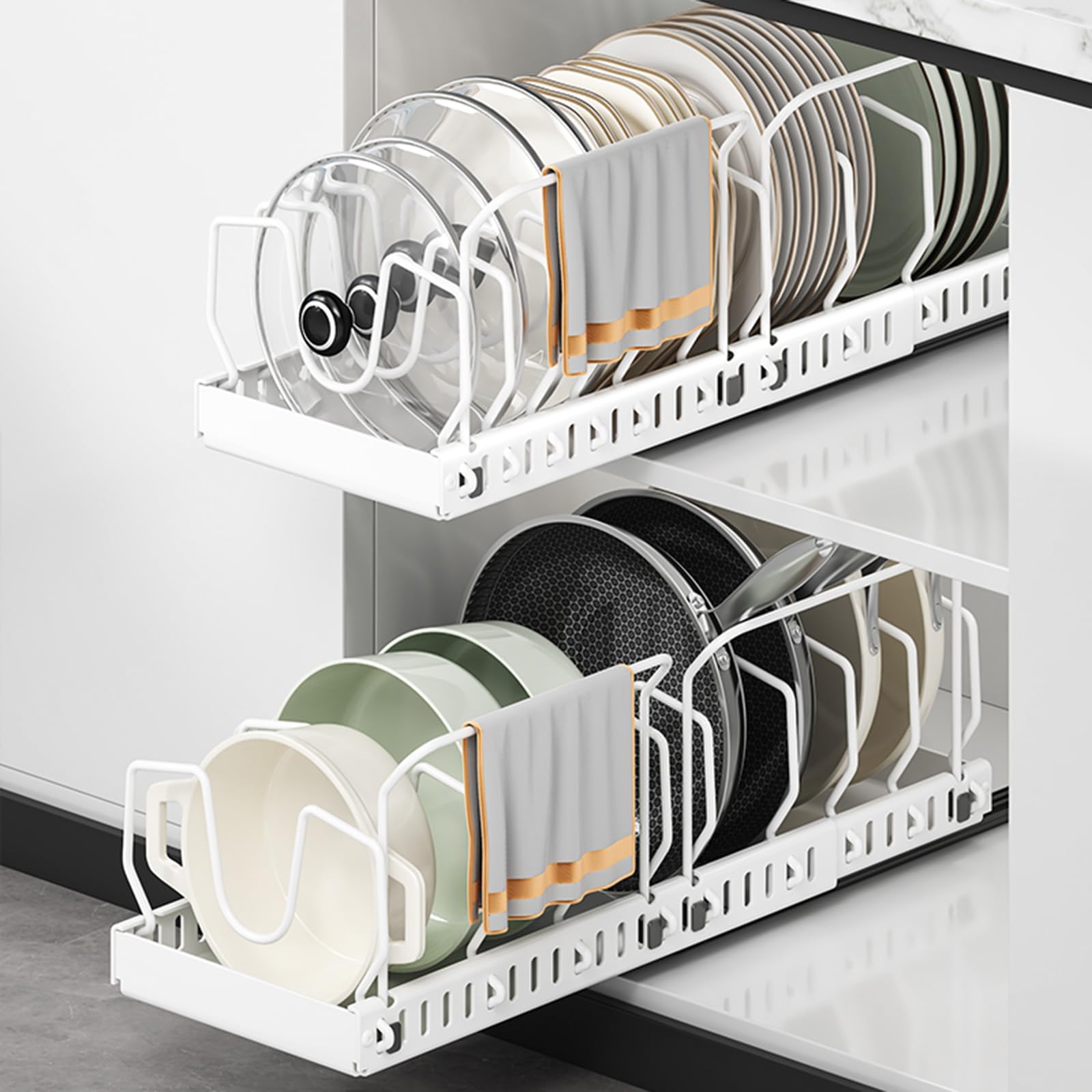 Ensemble de 2 casseroles et poêles Organisateur avec 2 Supports de poignée, Organisateur de Couvercle Coulissant avec 10 séparateurs de Couvercle réglables (Blanc)
