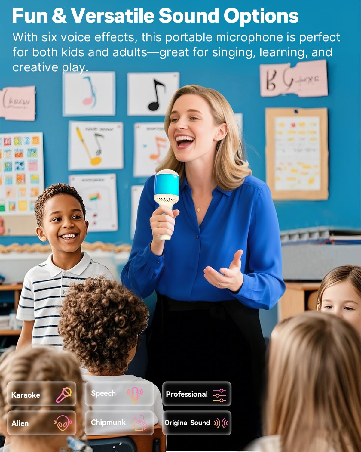 StageSound Micro Karaoké Bluetooth sans Fil, Microphone à Main avec Effets LED, 6 Modes Vocaux, Appairage Duo pour Chanter à Deux, pour Enfants et Adultes