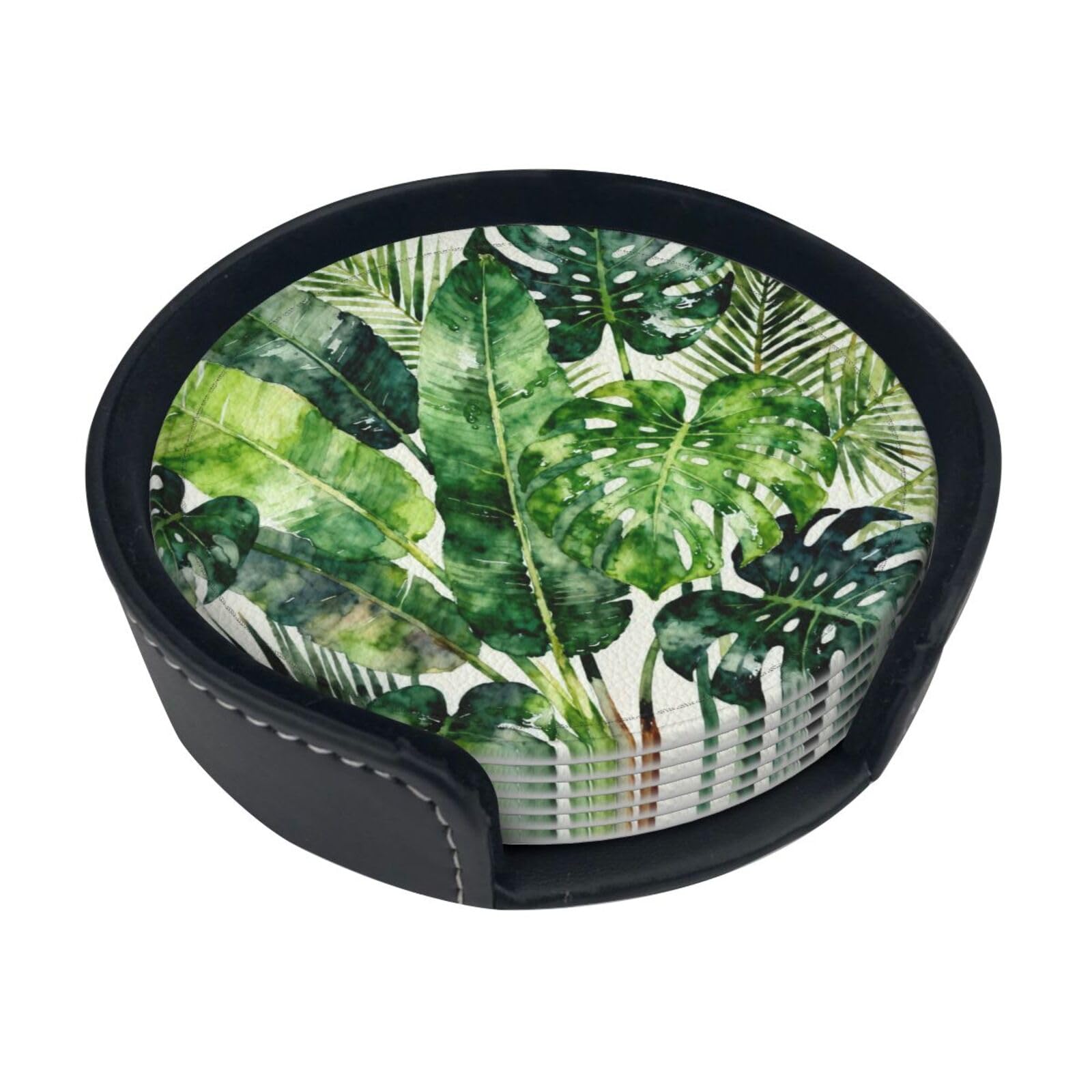 Cntdbu White Tropical Plants Leather Coasters Set Of 6-Pu Leather Drink Mats For Table, Heat Resistant Round Coasters With Holder