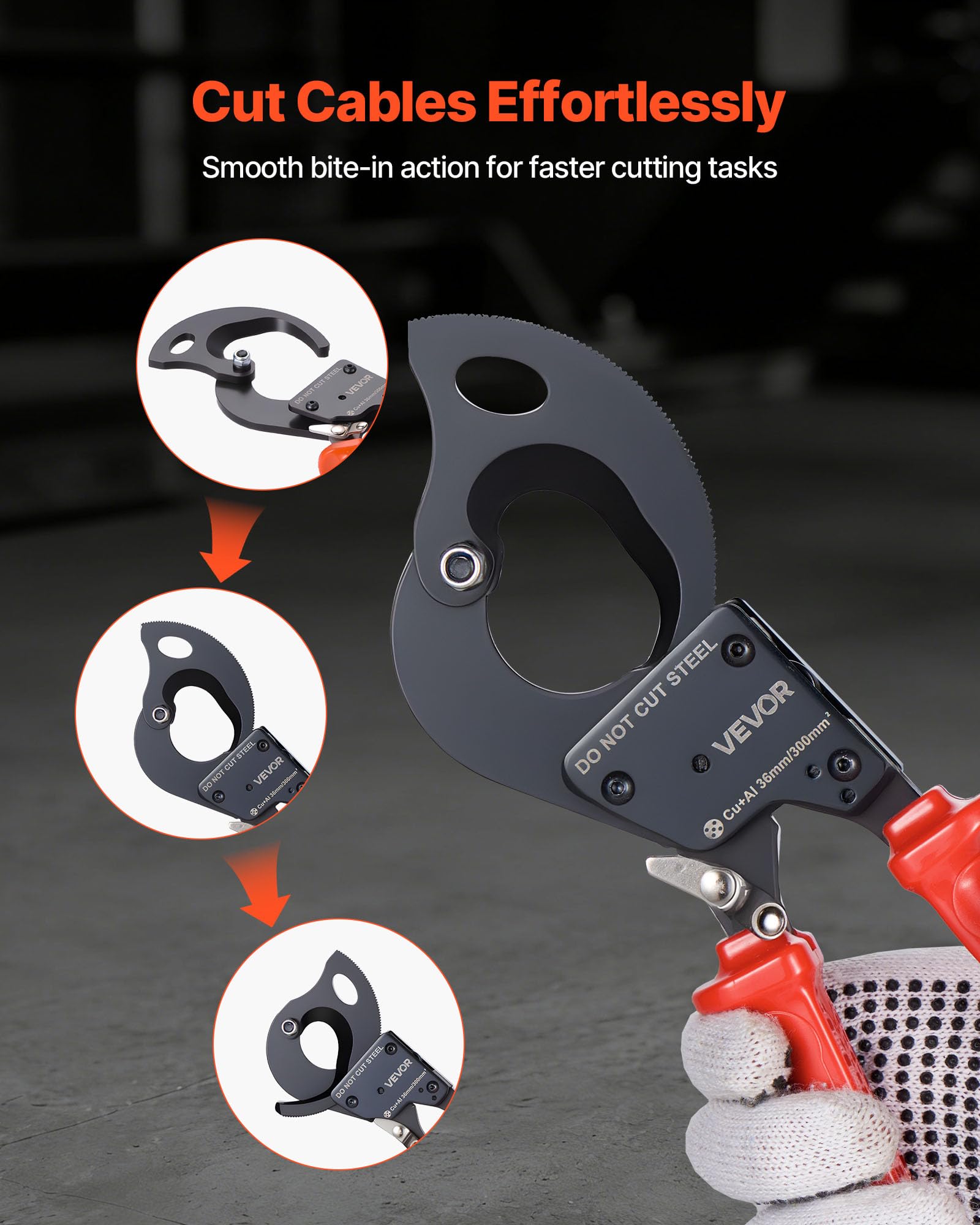 VEVOR Coupe Câble à Cliquet, Pince Coupe Câbles avec Lames en Acier à Ressort et Poignées Revêtues de PVC, pour Fils Cuivre-Aluminium jusqu'à 300 mm² 600 MCM, avec Bouton à Dégagement Rapide
