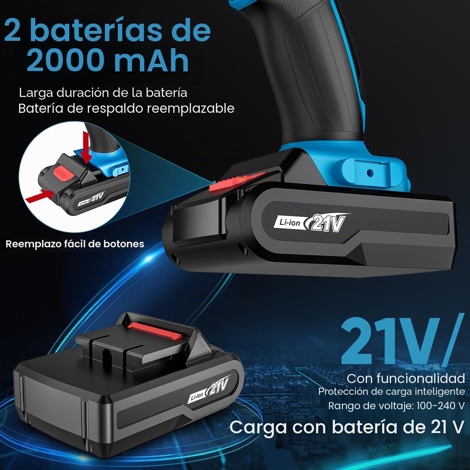 Taladro Percutor a Bateria 21V, Taladro Atornillador Bateria con 2 Baterías 2000mAh, 32Nm, 25+3 Ajuste de Par Destornillador Electrico, 24 Accesorios, 2 Velocidad, LED Luz Para Hogar, Bricolaje