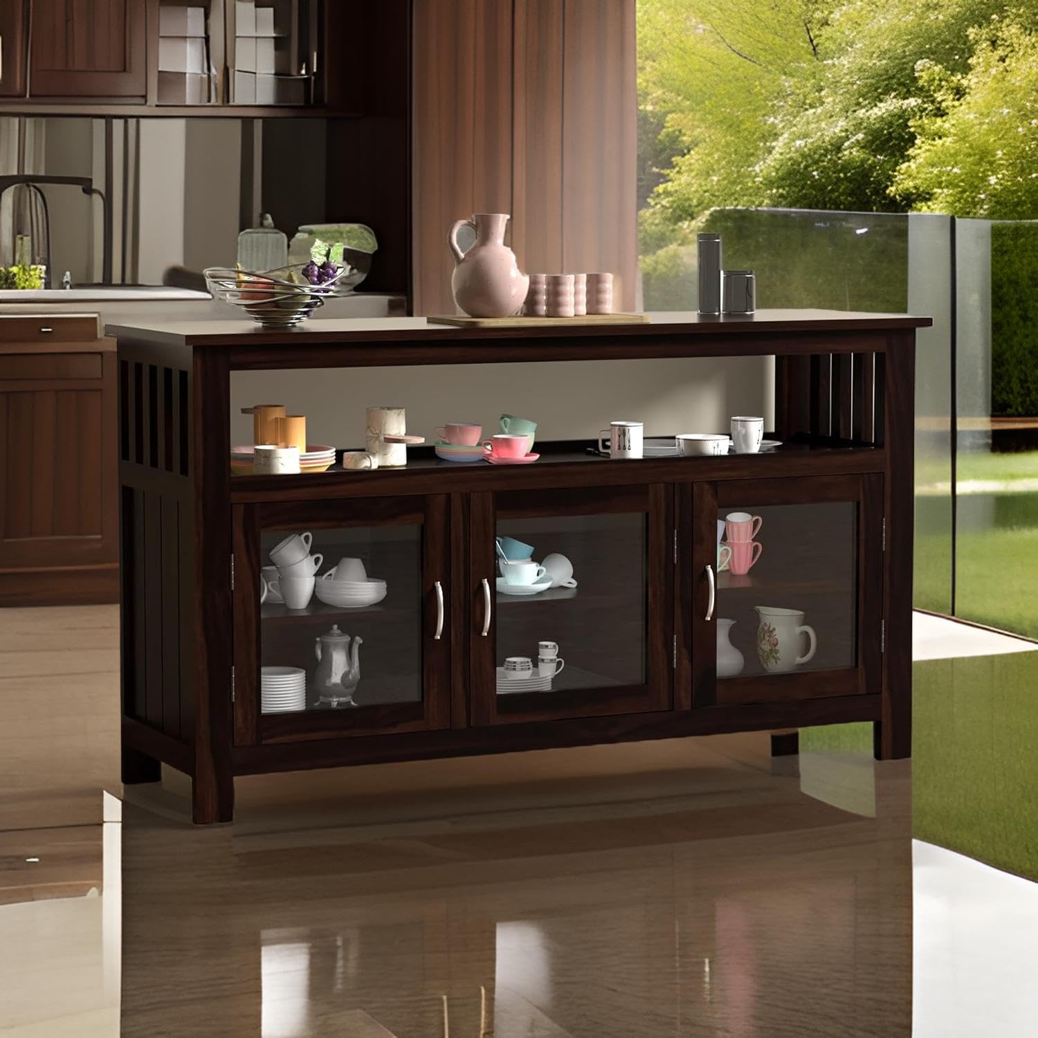 Sheesham Wood Sideboard Cabinet with 3 Fiber Glass Doors and Shelf Storage | Multipurpose Wooden Display Unit Furniture for Kitchen Living Room Office and Home (Walnut Finish)-image-38