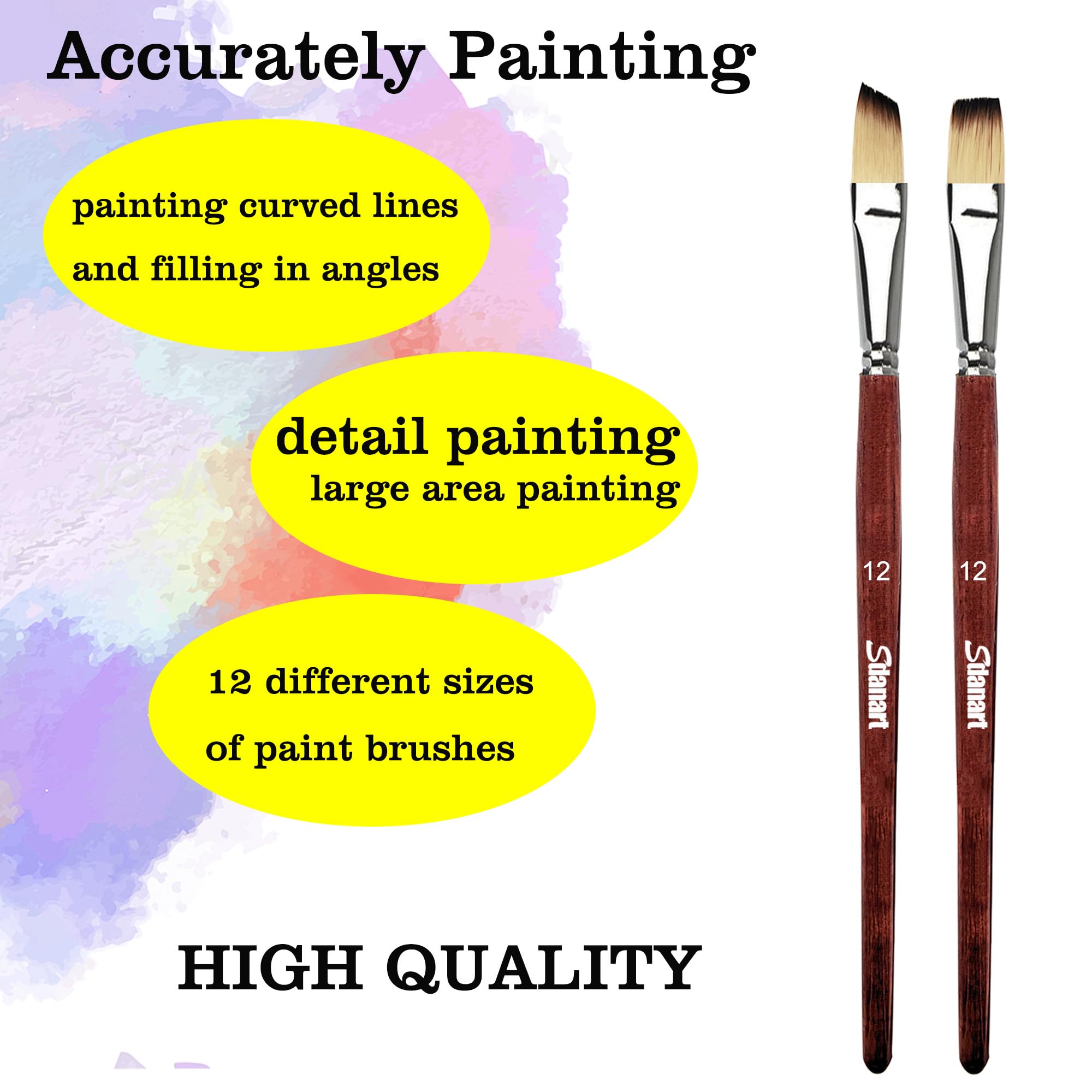 Sdanart 12 pinceles de acuarela profesionales, 6 pinceles planos y 6 pinceles en ángulo para acuarelas, acrílicos, óleo, gouache, tinta, pinceles de diferentes tamaños, perfectos para artistas y