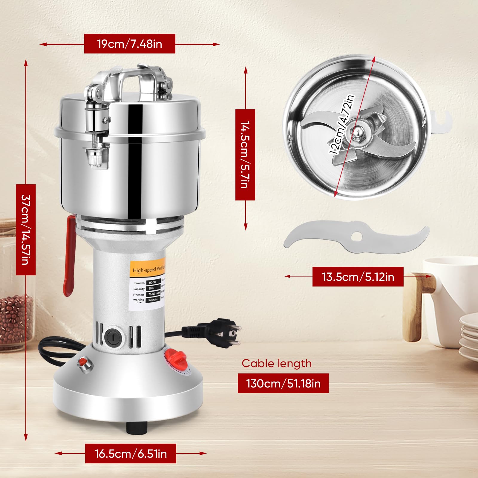 Sunowl Molinillo de Granos Portátil 500 g, Molinillo de Piedra de Alta Velocidad de 220 V, Molinillo de granos Acero Inoxidable Eléctrico para con 3 cuchillas, para Cereal,Hierba,Especia,Nuez