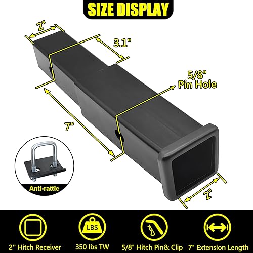 Miniatura 8 de Extensión de enganche de remolque, extensor de tubo receptor de 2 pulgadas, longitud de extensión de 7 pulgadas, con pasador de enganche de 58