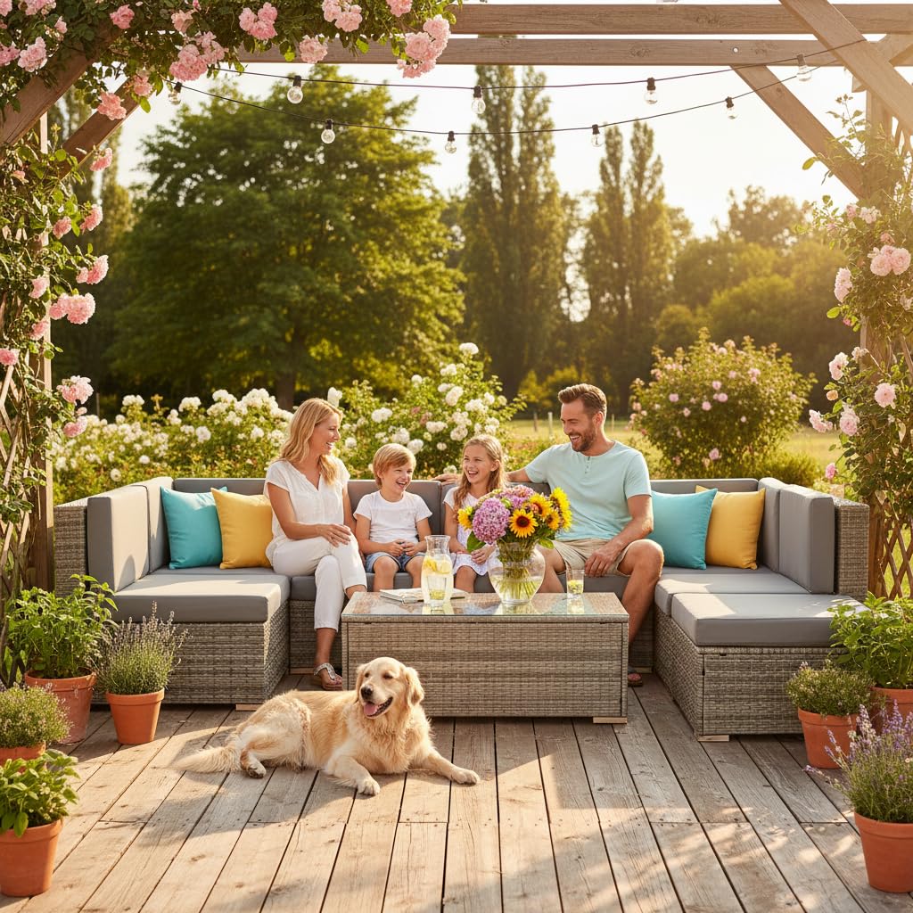 Melko XXL Rotin meublier, Ensemble de Jardin, Poly-rotin, Lounge, Meuble de Jardin, Suite, Gris Sofa