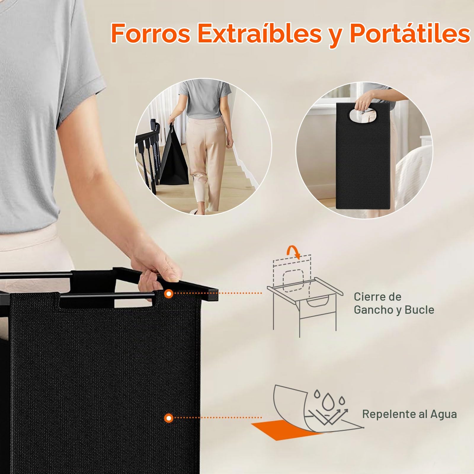 Carrito para Ropa Sucia con Ruedas, 3 Compartimentos | Barra para Colgar, Con Bolsas Desmontables, Ideal para Lavandería o Dormitorio, 79 × 36 × 185 cm, Negro