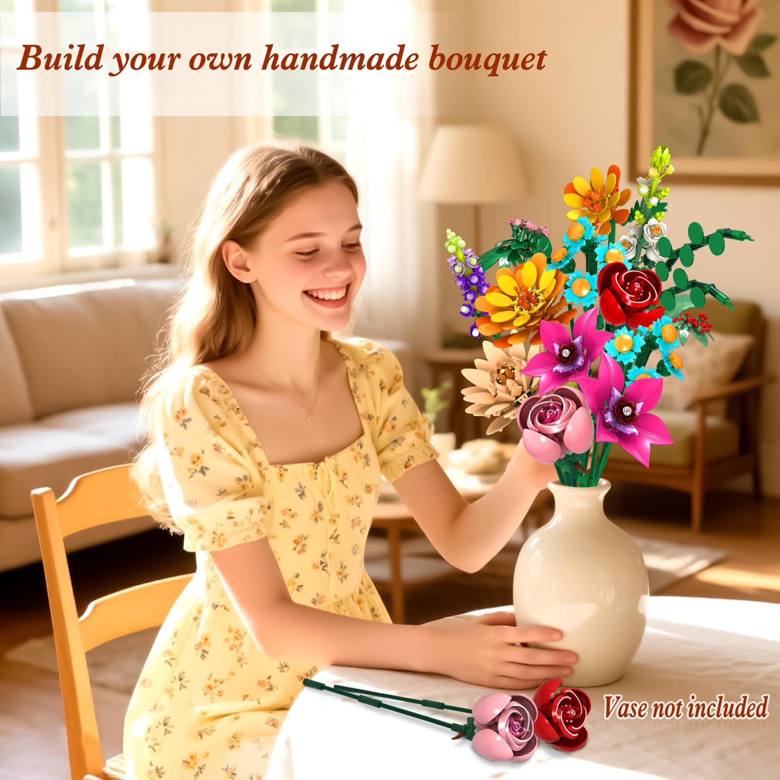 Kit de construcción de Flores con 887 Piezas - 9 Plantas botánicas para decoración y colección, Regalo Creativo para Mujeres y Adultos