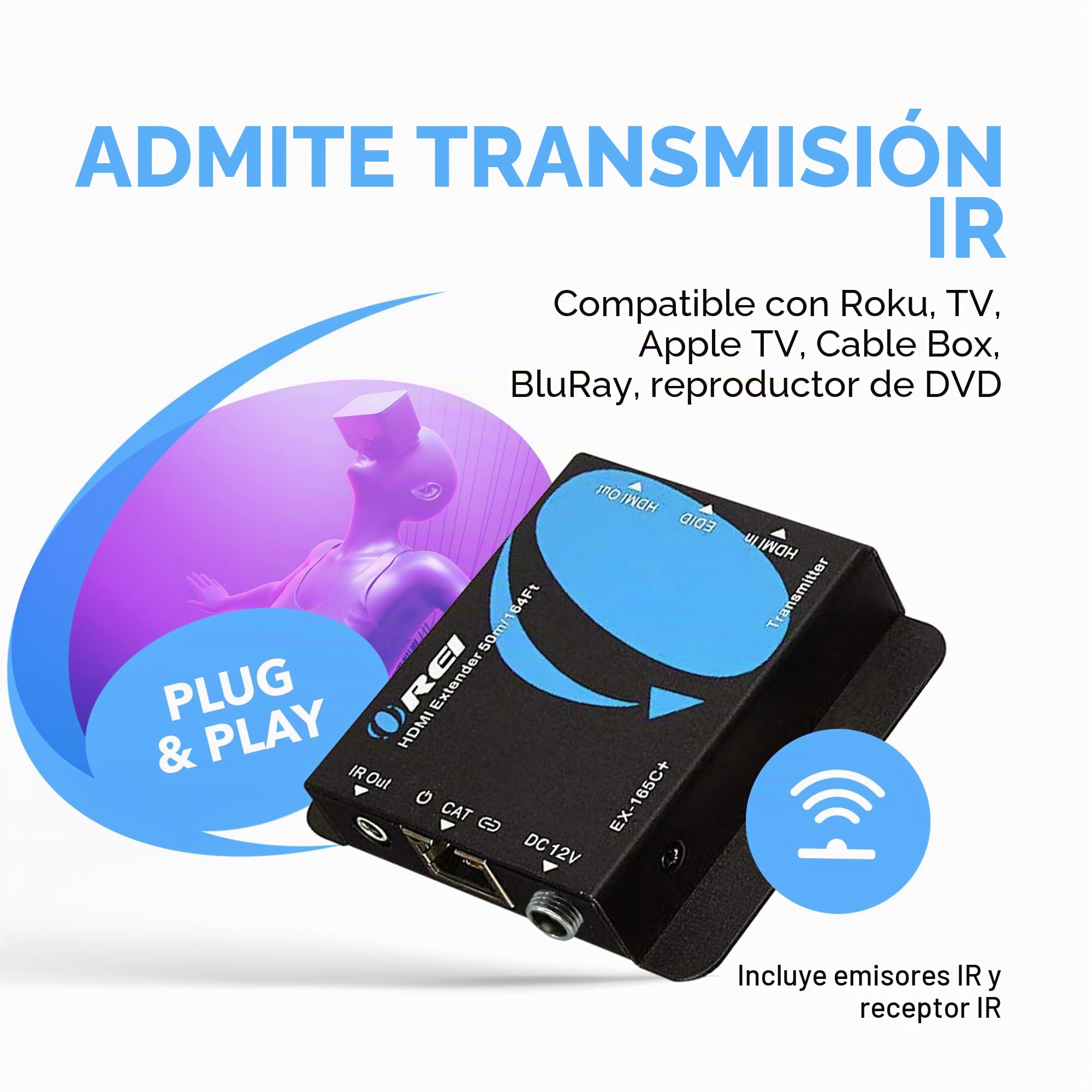 OREI Extensor HDMI a través de Ethernet sobre CAT5/CAT6, con IR de hasta 164 pies - Loop Out - Full 1080P @ 60Hz Pover sobre cable Distribución de señal Full HD