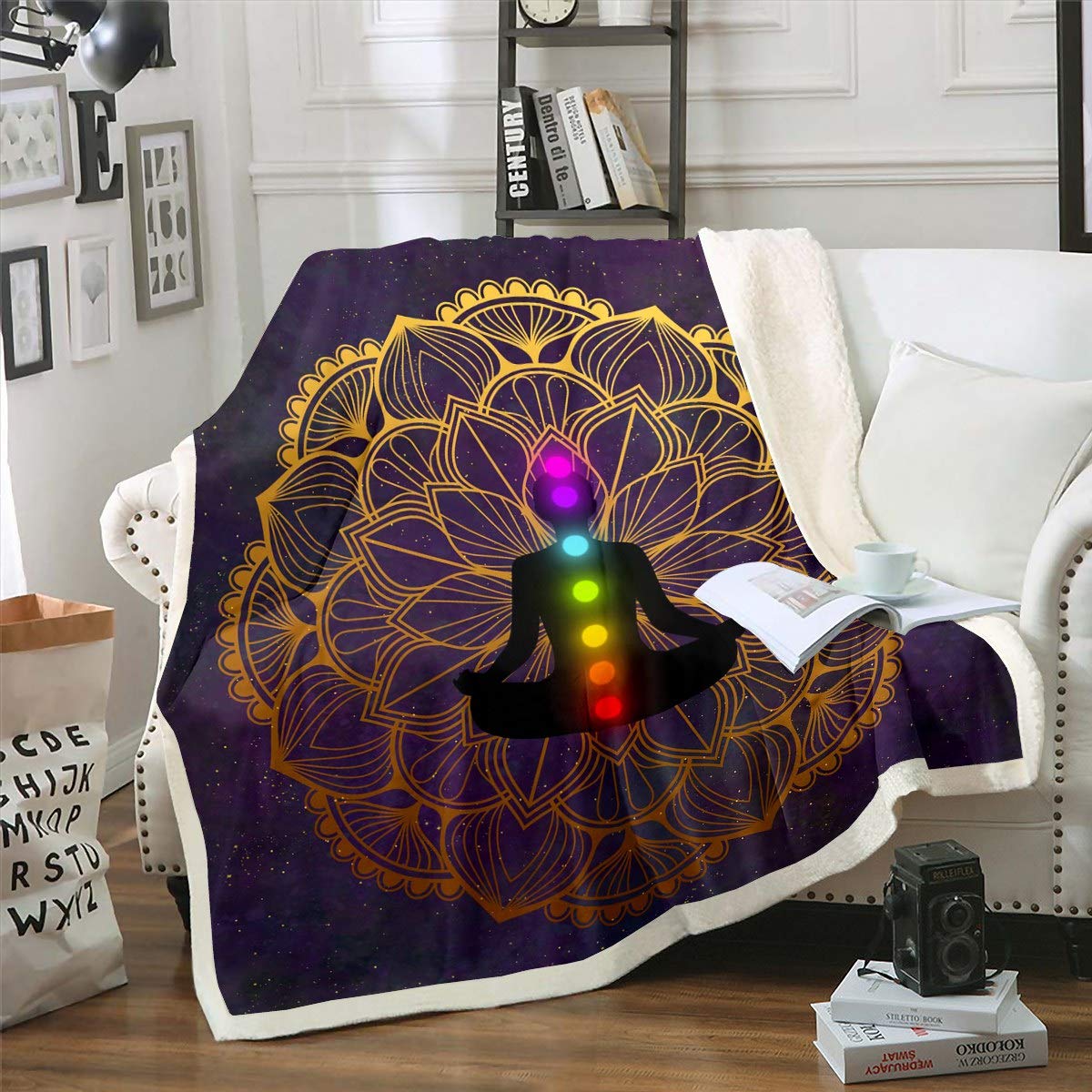 Loussiesd Women Chakra Fleece Sherpa Blanket for Sofa Couch Boho Mandala Plush Throw Blanket Purple Galaxy Fuzzy Blanket Room Decor Chic Golden Bohemian Zen Spiritual Flannel Blanket Single 50"x60"
