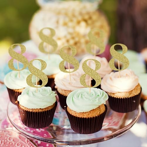 Miniatura 2 de 24 piezas de decoración para cupcakes de 8 cumpleaños con purpurina número 8, ocho aniversario, 8 años, fiesta de cumpleaños, suministros de