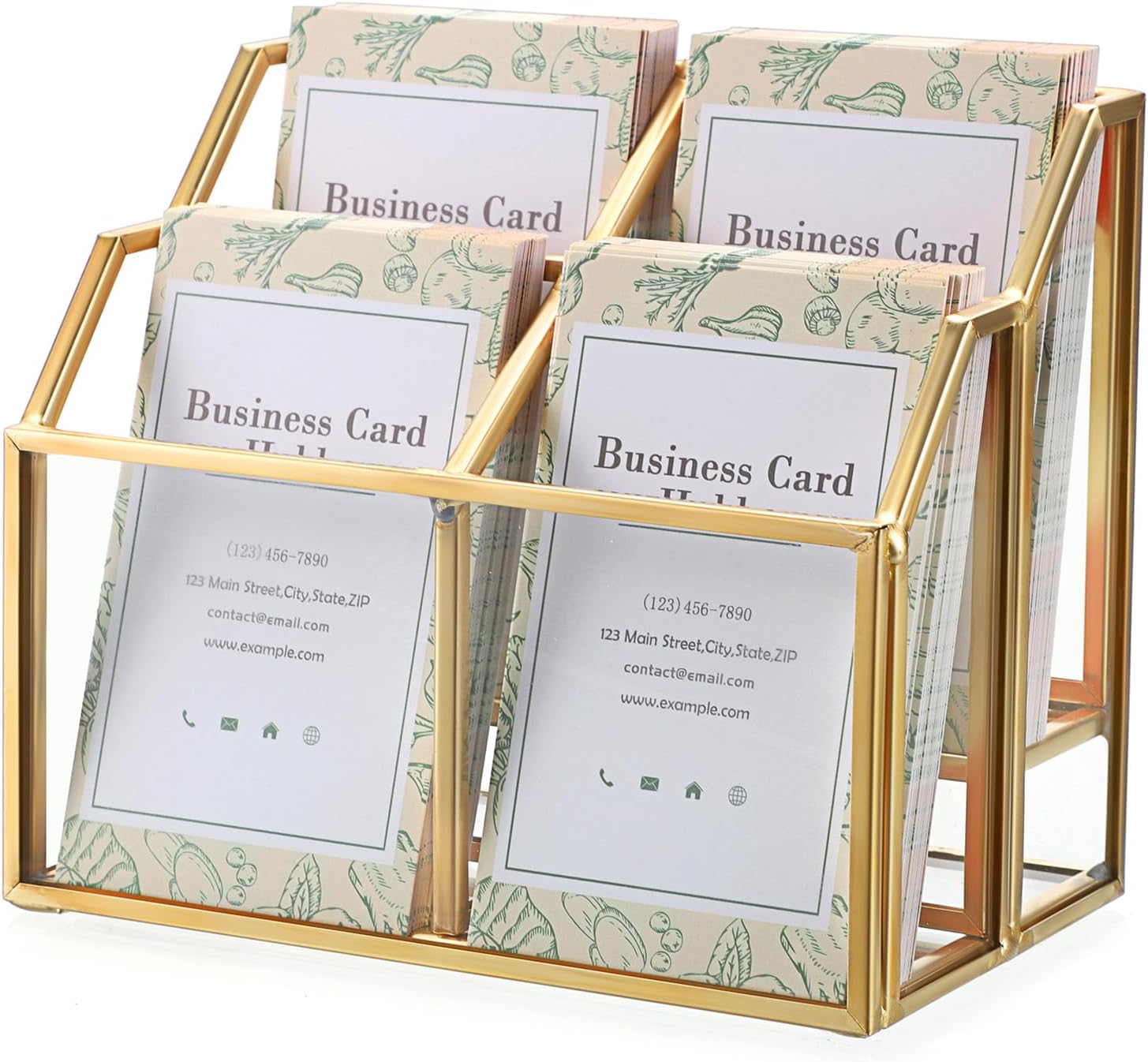 Hipiwe Business Card Display Stand with Mirrored Base Metal Gold Name Card Holder Vertical Desktop Organizer for Business Cards, 2 Layers 4 Slots