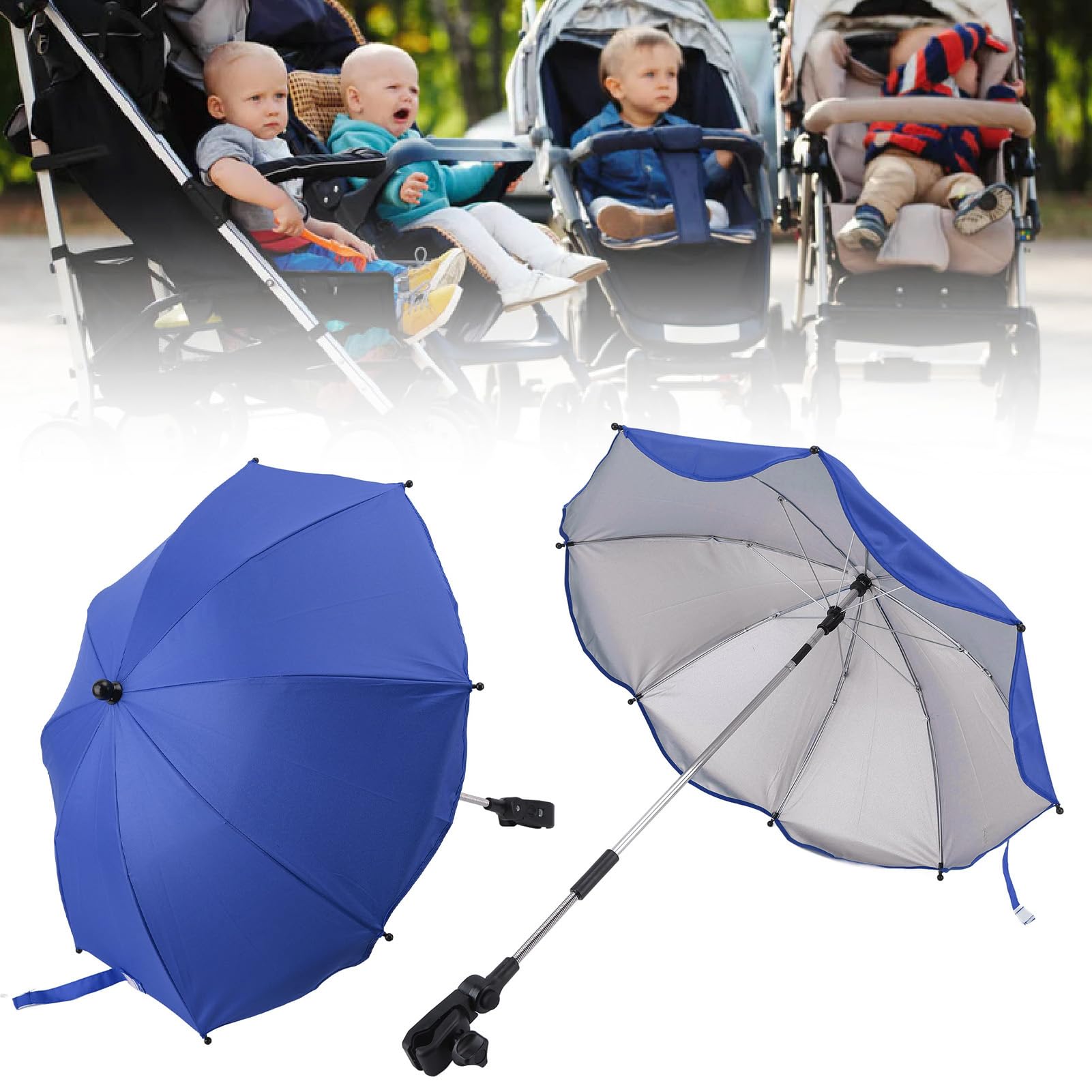 14 Pollici Ombrellino per Passeggino, Ombrellino Universale per Passeggino con Morsetto Protezione Regolabile Ombrellone per Passeggino per Passeggino, Culla, Sedia a Rotelle (Blu zaffiro (colla