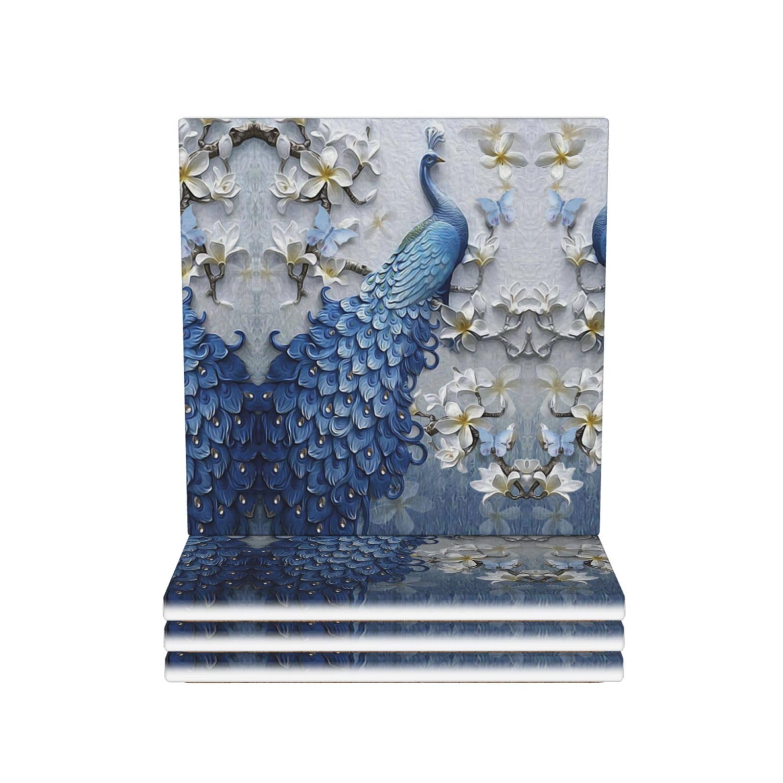 Fairah Square Beautiful Peacock Print Ceramic Coaster Set Of 4 Non-Slip Cork Base,Housewarming Gifts