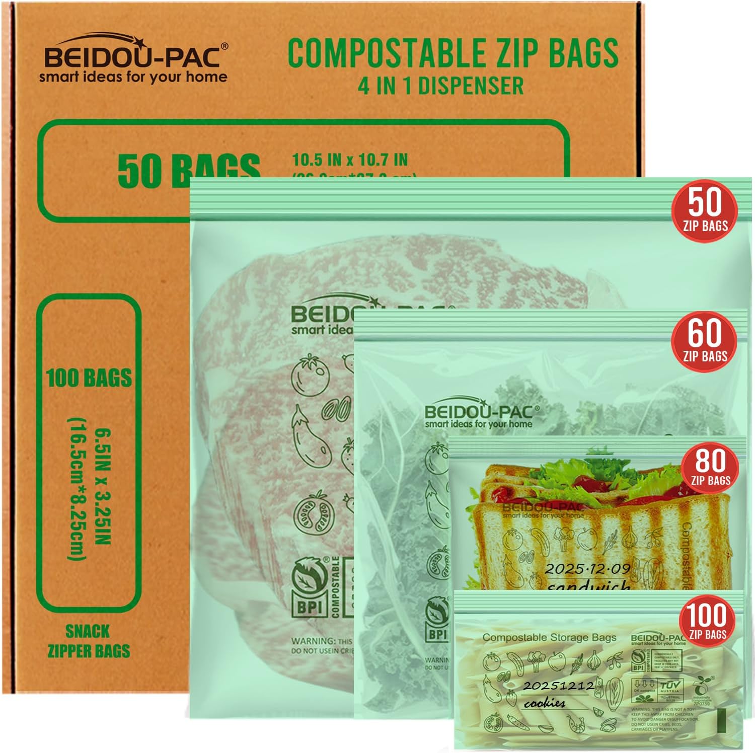 Compostable Combo Storage Zip Bags, 290 Count Resealable Variety Pack with Organize...