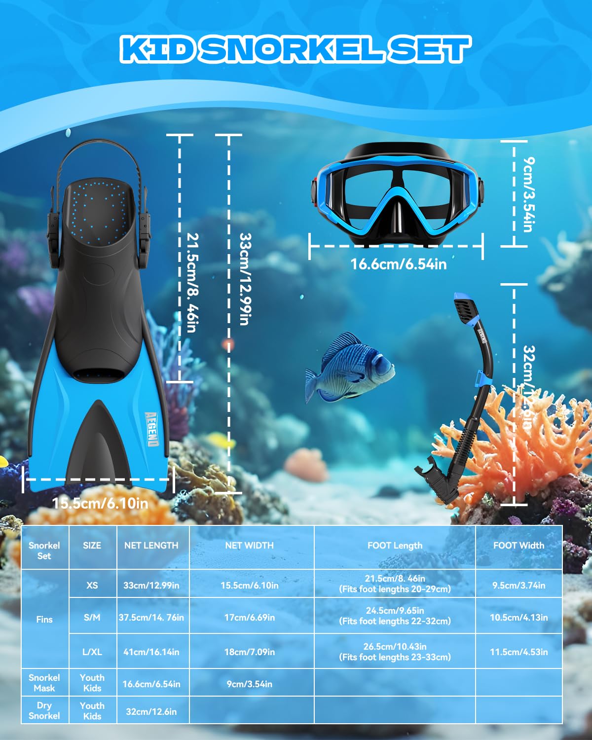 Aegend Attrezzatura da snorkeling per bambini e ragazzi, maschera subacquea anti-appannamento, pinne regolabili e boccaglio asciutto, kit completo per snorkeling, immersioni, immersioni subacquee e