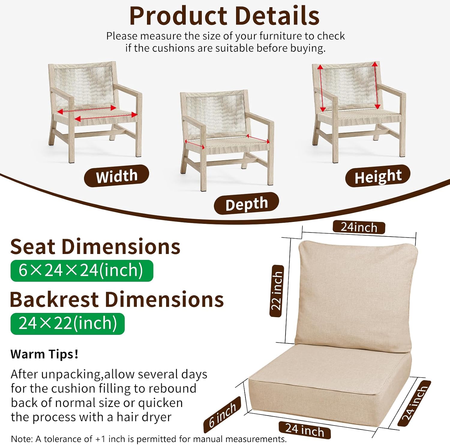 6 Inch Thick Outdoor Deep Seat Cushions for Outdoor Furniture Waterproof Patio Seat Cushions with Removable Cover and Adjustable Ties, 24x24x6 Inches Outdoor Chair Cushions Set of 2, Khaki