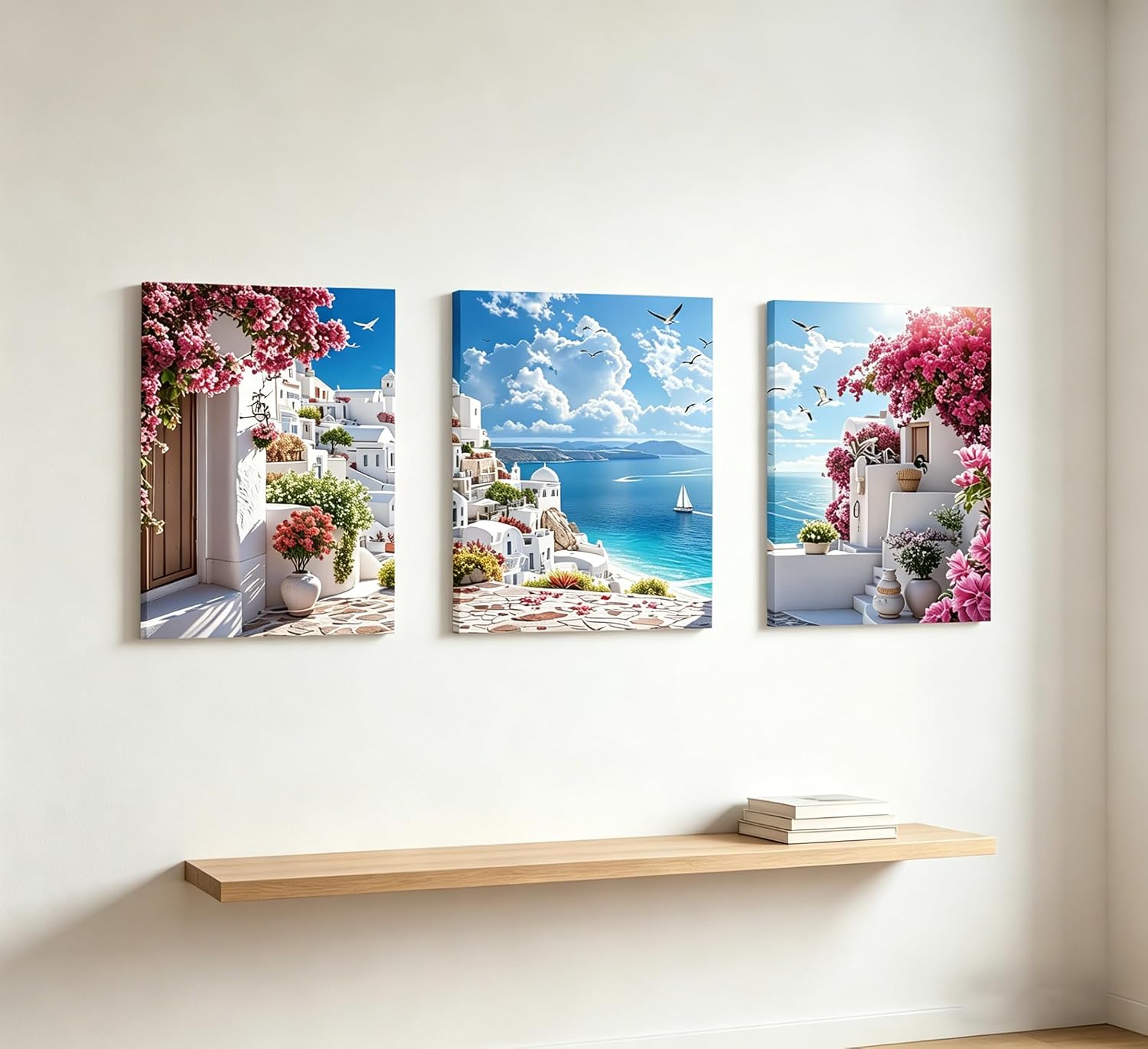 3Pcs Framed Canvas Wall Art Santorini Greece Blue White Seascape | Mediterranean Paintings, Coastal Pictures Posters Prints, For Living Room Bedroom, Home Office Wall Decor Decoration