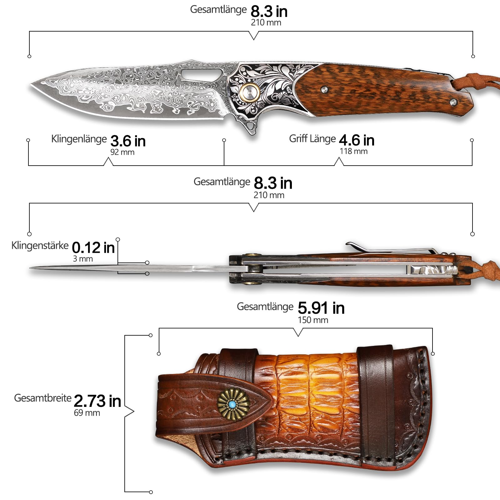 Handgefertigtes Klappmesser aus Damaszenerstahl，EDC-Taschenmesser für Männer und Frauen，Mit Lederscheide und Taschenclip, geeignet für Campingausflüge, Survival-Wanderungen, Angeln im Freien un