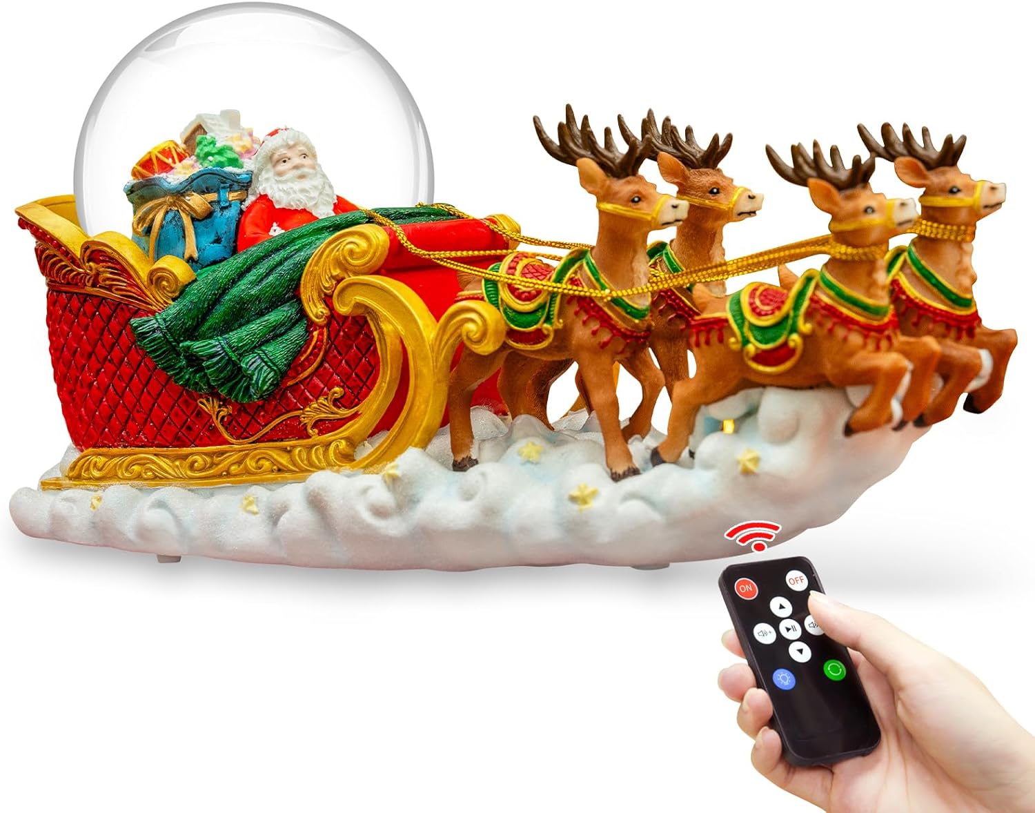 Christmas Snow Globes Clearance, Santa Claus Reindeer Sleigh Automatic Snowfall Music Box with Colourful Lights, Xmas Present Gifts for Family, Friends, Plays 48 Classic Christmas Melodies
