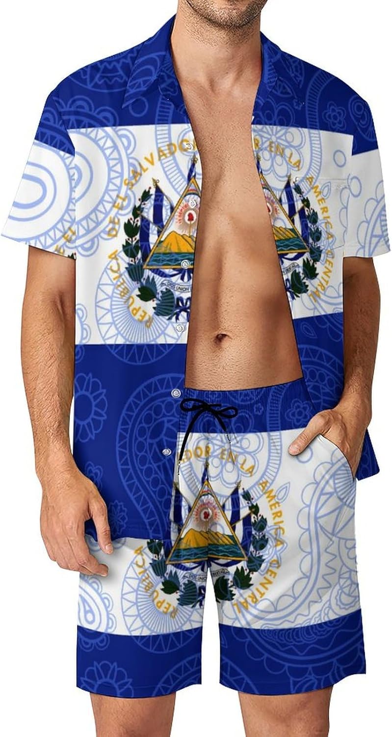 El Sal-vador Flag Paisley Pattern Men's Summer Beach Outfits Shirt And Shorts Set 2 Piece Vacation Swimwear