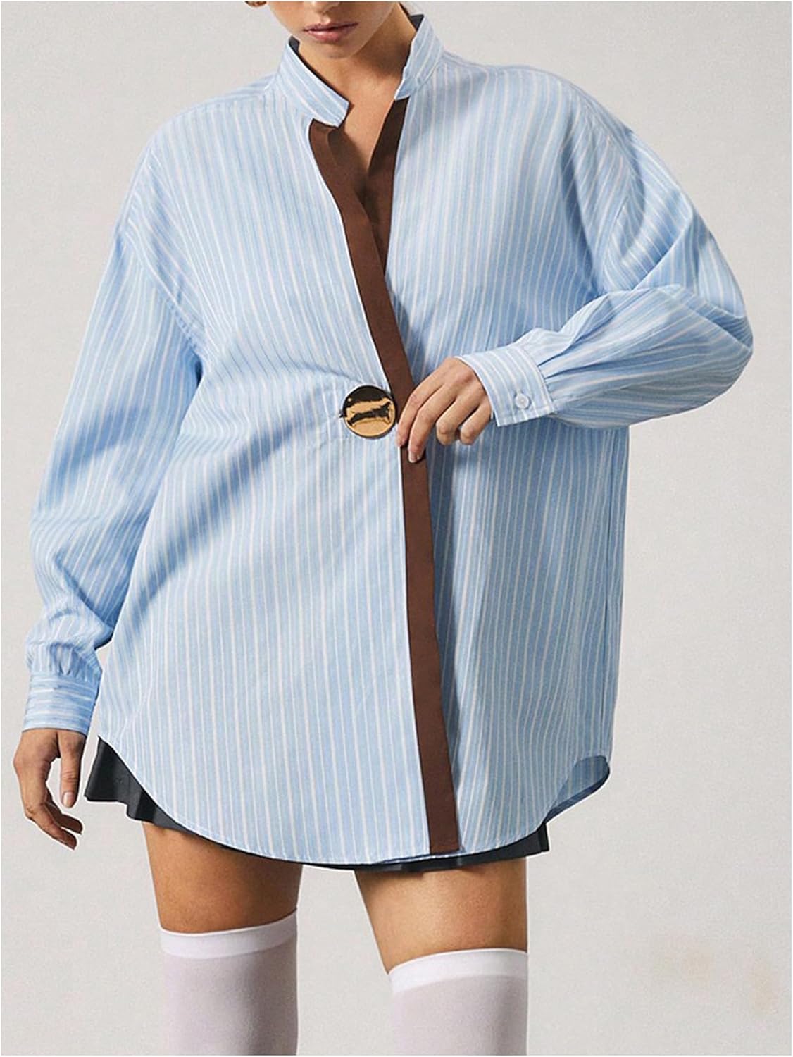 MakeMeChic Women's Striped V Neck Blouse Metal Button Long Sleeve Work Shirt Tops - Image 4