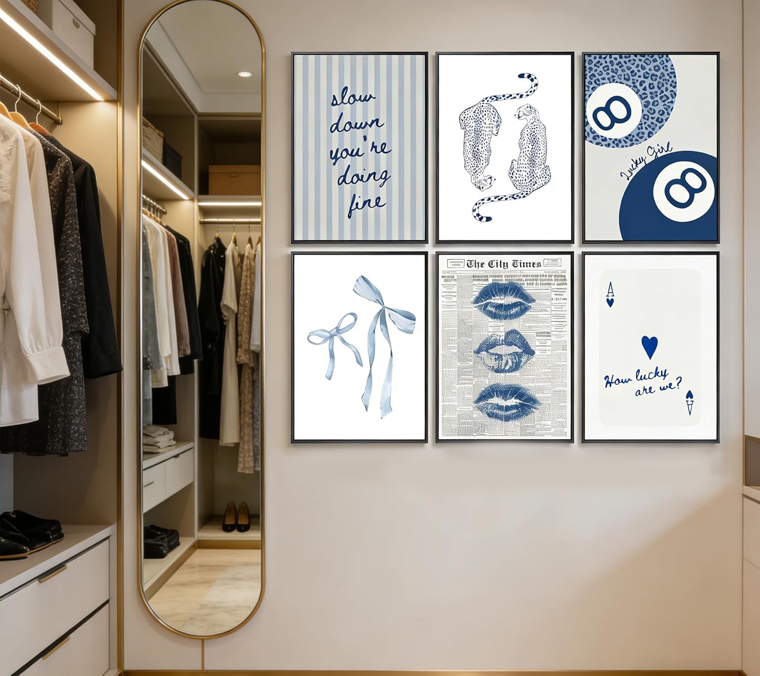 6Pcs Trendy Navy Blue Leopard Wall Art Preppy Kiss Lips Bow Paintings Pictures Coquette Funky Cheetah Wall Decor Lucky 8 Ball Posters Print for Girl Bedroom Living Room Dorm 12x16in Unframed