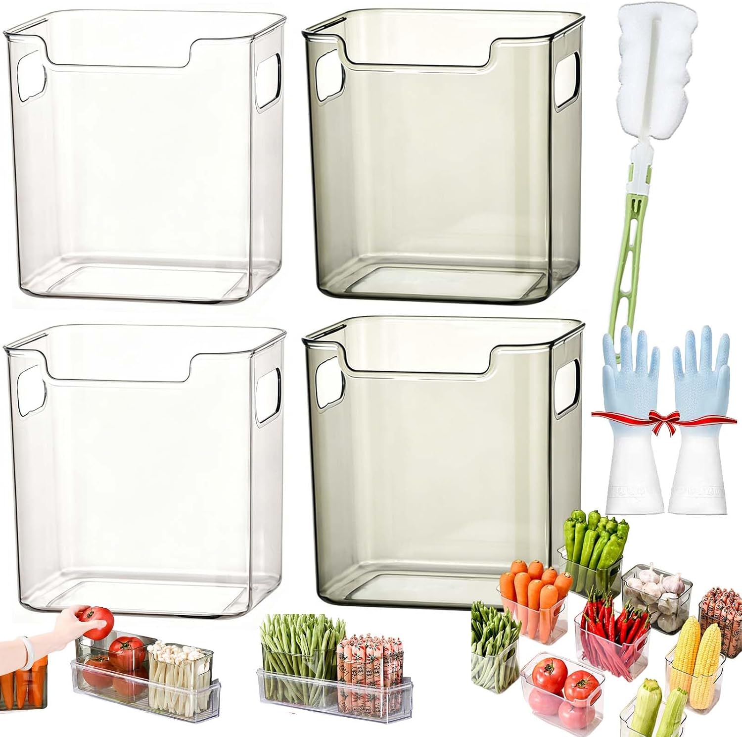 Crystal Clear Freezer Storage Bins, 4 Pack Clear Plastic Bins for Refrigerator and Pantry, Stackable Kitchen Cabinet Organizer with Handles for Frozen Food, Meat & Veggies (Mixed,4PCS-S)