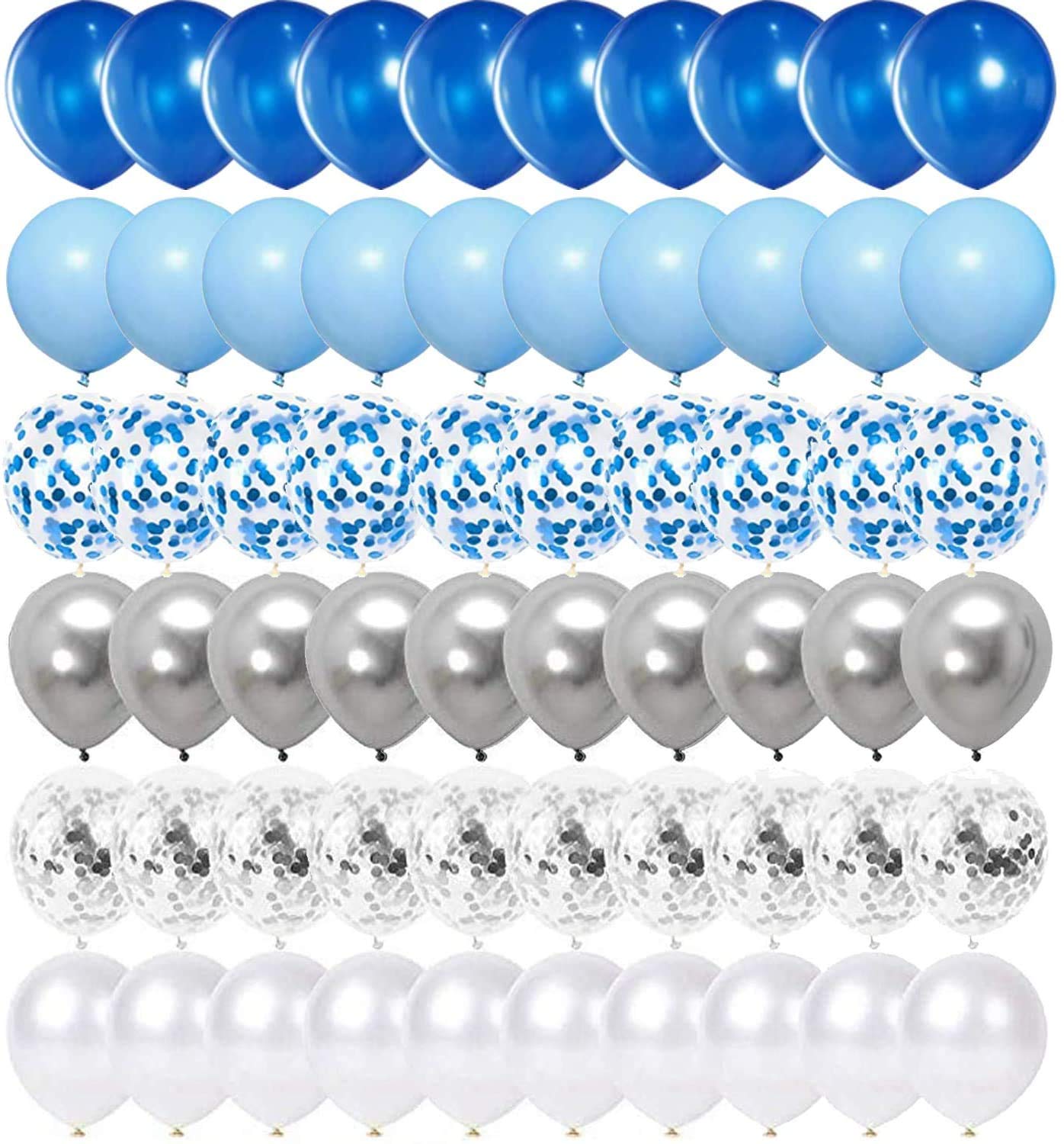 62pcs Blue Silver White Confetti Balloons Kit, 12 Inch White Royal Blue