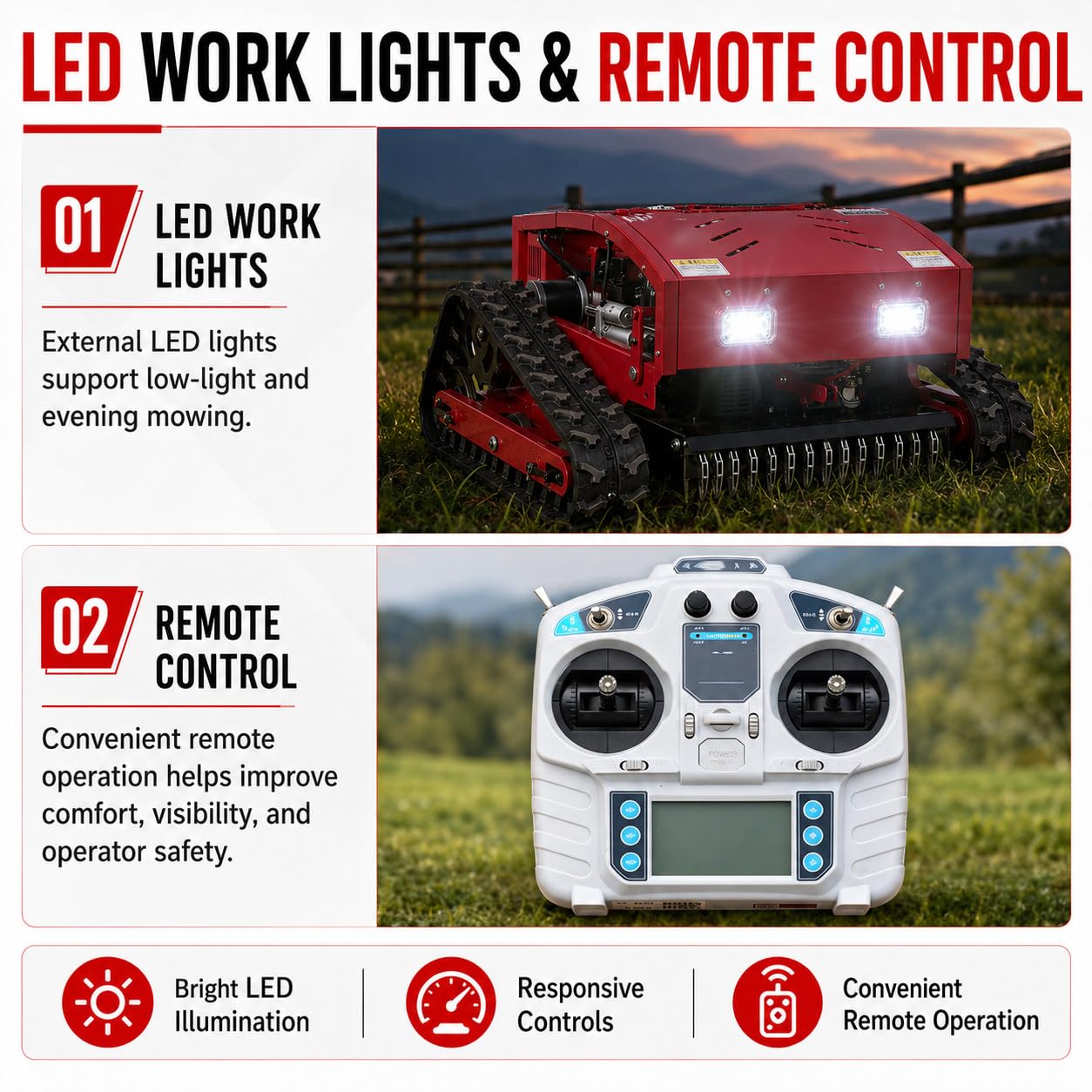 Cortacésped De Orugas con Control Remoto De 9 HP | Motor De Gasolina De 4 Tiempos 224cc, Ancho De Corte De 55 Cm, Pendiente De Hasta 60°, Luces LED Para Siega Nocturna