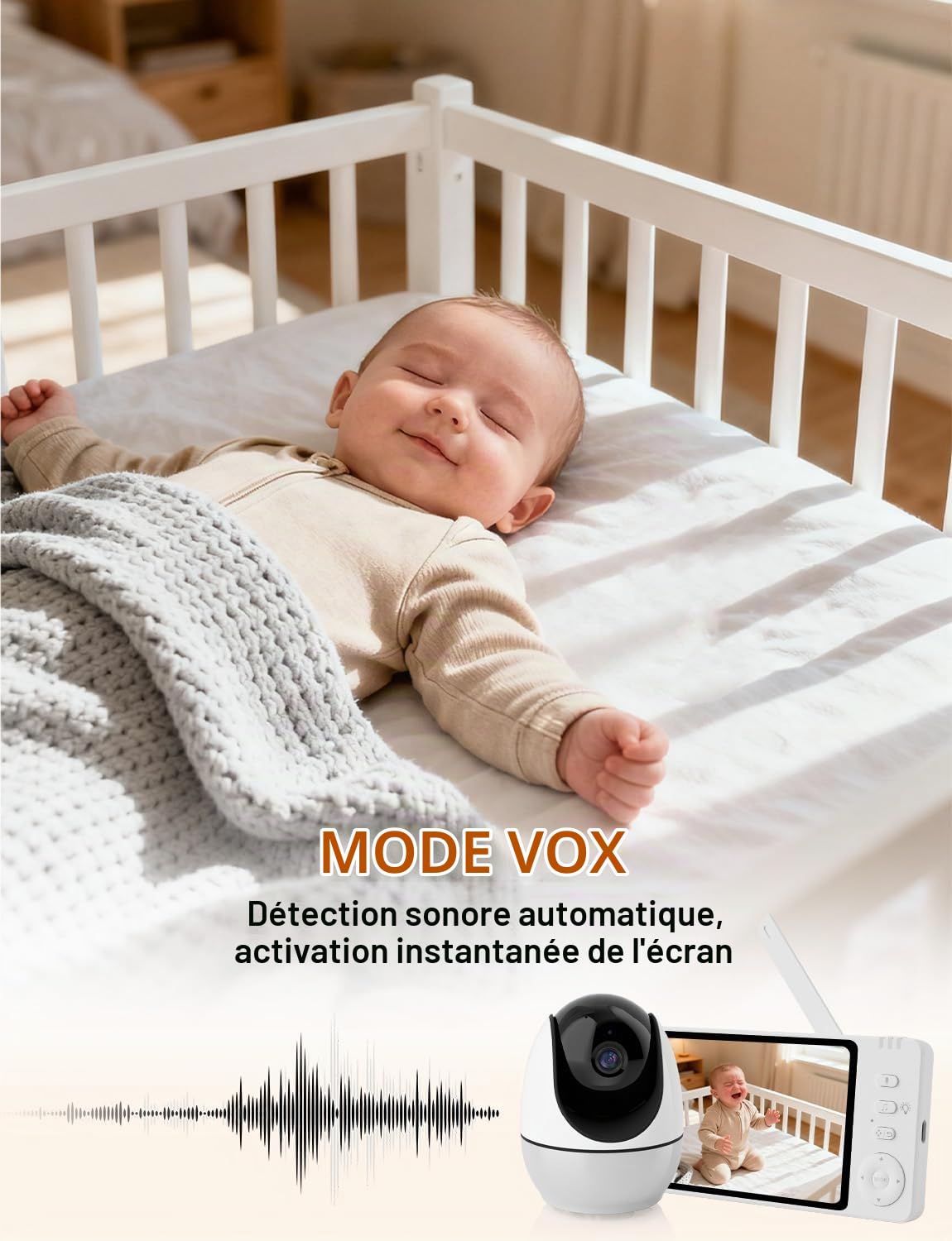 BURNNOVE Babyphone Camera WiFi 5" Camera Bebe 720P Babyphone Connecté Application Telephone Surveillance des Mouvements Suivi Automatique Vision Nocturne 360° Caméra avec Veilleuse Zoom 4X Carte TF