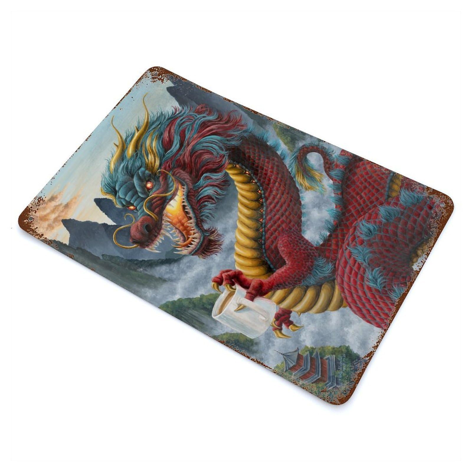 Distressed Metal Wall Sign with Zhulong Coffee Dragon Design 11.8"x7.9", for Living Room, Hallway And Home Decor, Vintage Wall Decor