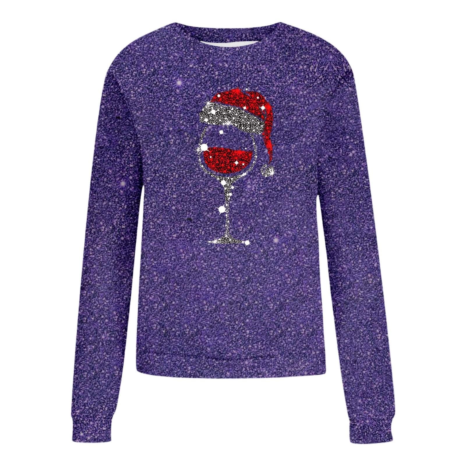 Sudadera de Navidad para mujer, clásica, cuello redondo, túnica, vintage, para vacaciones, copa de vino, estampado deportivo, ropa deportiva joven